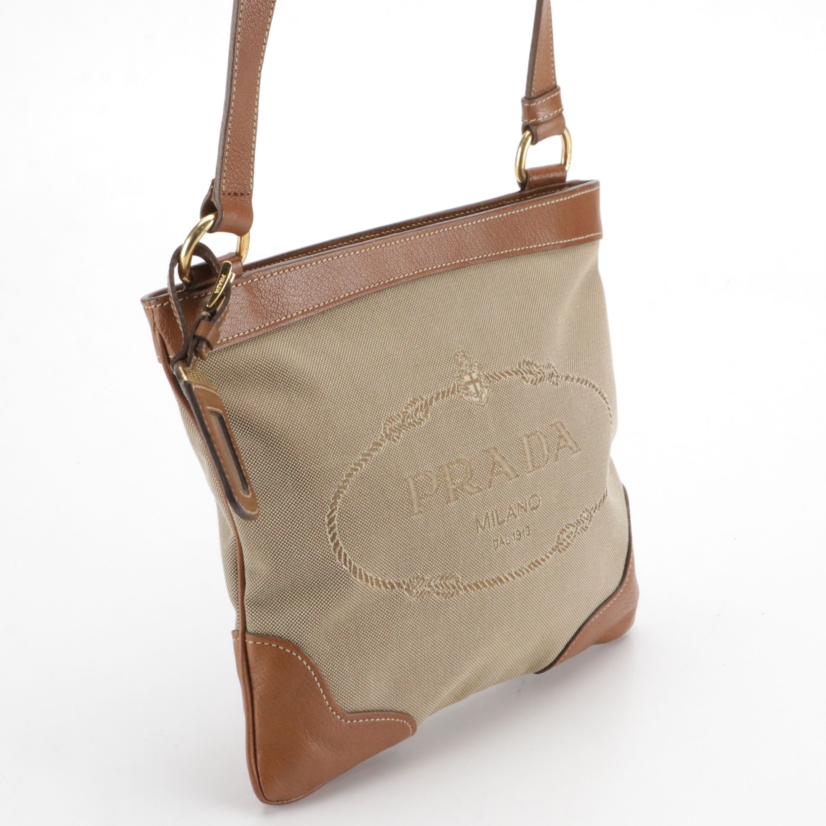 Prada Beige Canapa Logo Jacquard Canvas and Leather Crossbody Bag