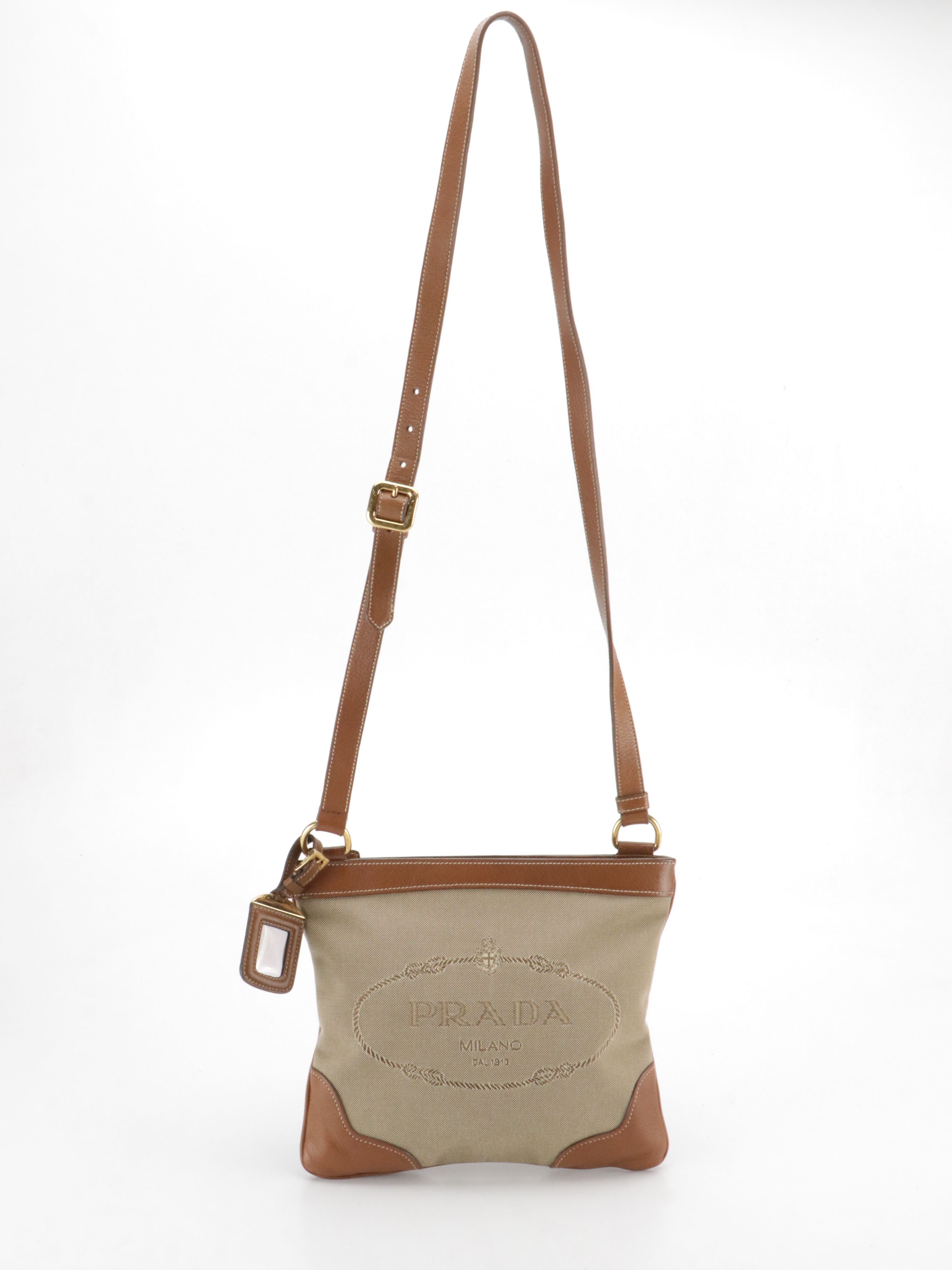 Prada Beige Canapa Logo Jacquard Canvas and Leather Crossbody Bag