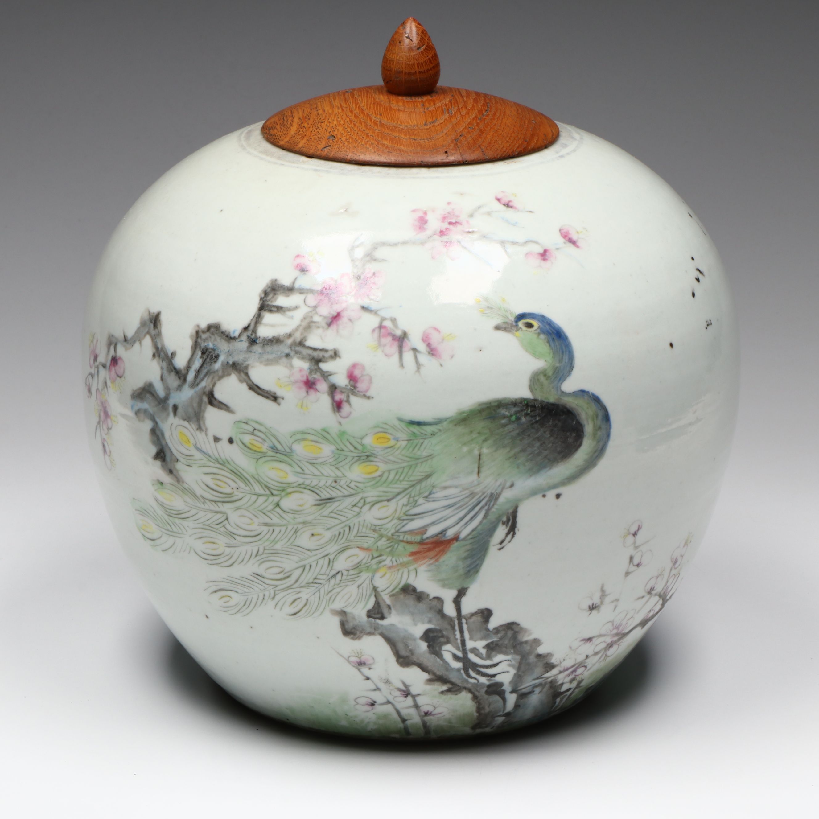Chinese Republic Period Hand-Painted Peacock Ginger Jar, Mid-20th C.