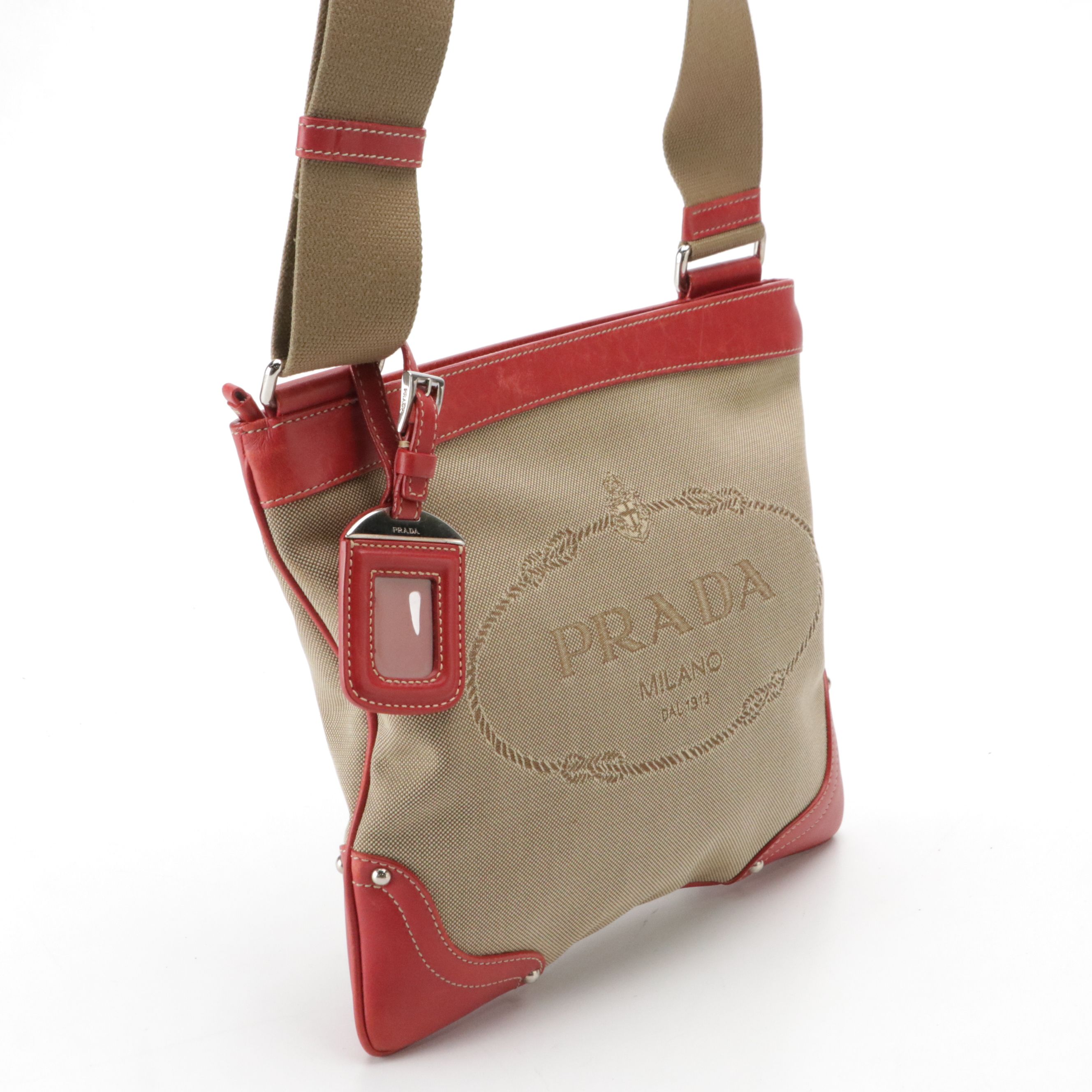 Prada Beige Canapa Logo Jacquard Canvas and Red Leather Crossbody Bag