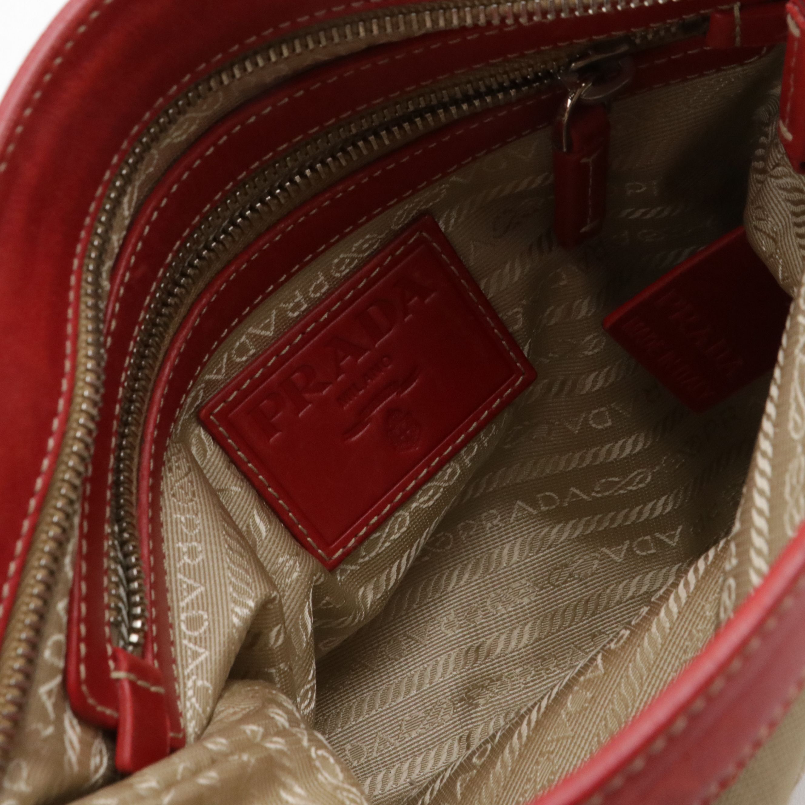 Prada Beige Canapa Logo Jacquard Canvas and Red Leather Crossbody Bag