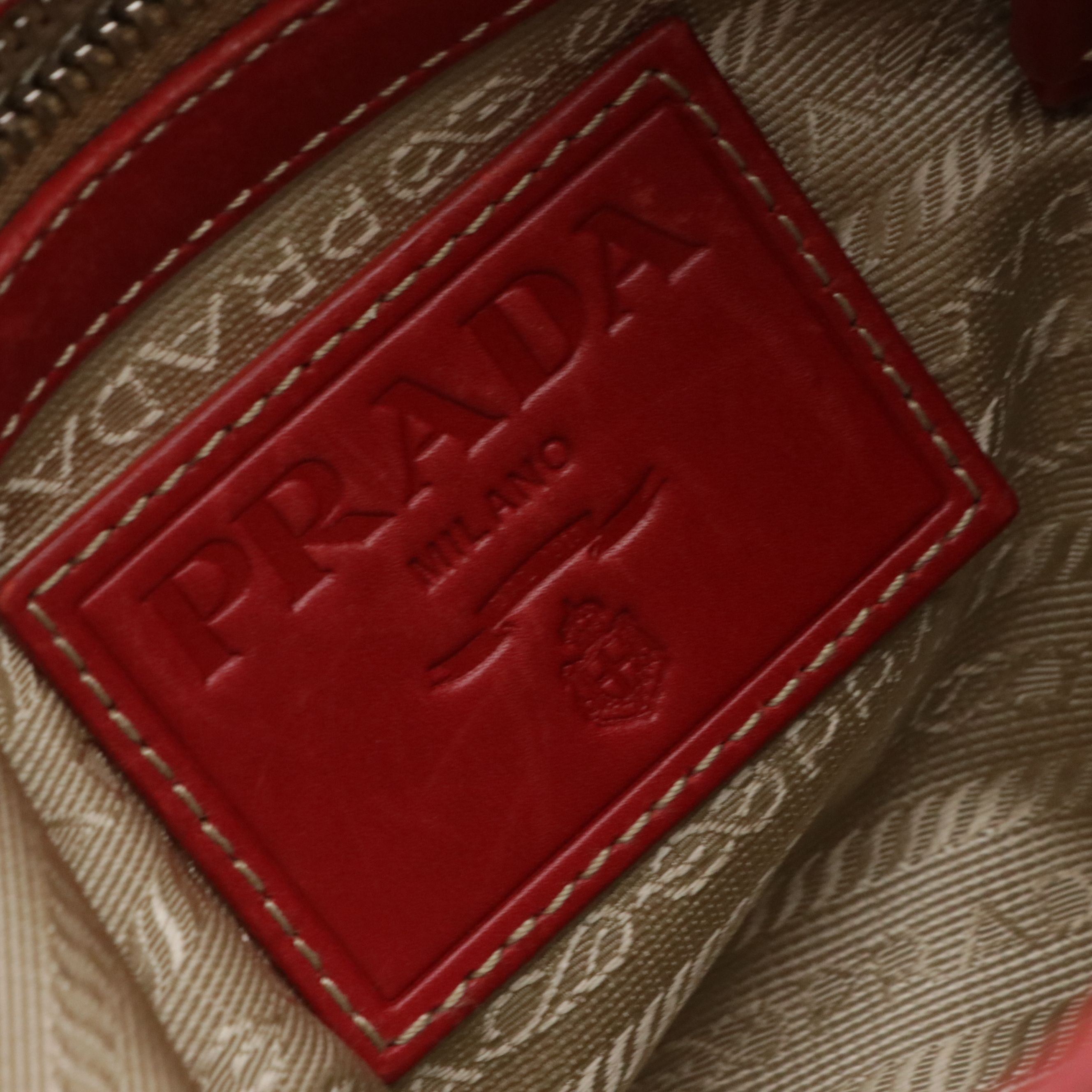Prada Beige Canapa Logo Jacquard Canvas and Red Leather Crossbody Bag