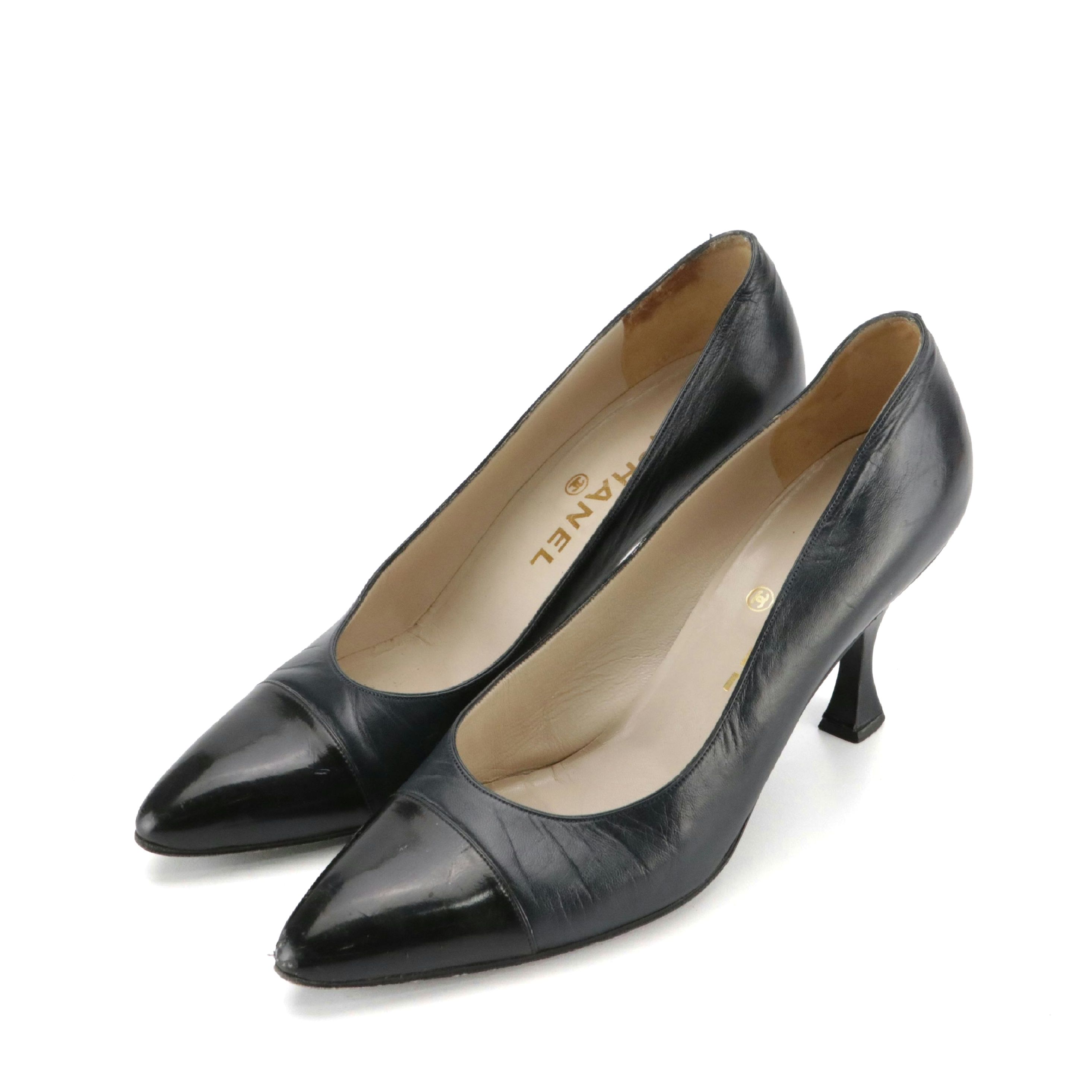 Chanel Navy Blue Lambskin and Glazed Leather Cap-Toe Pumps