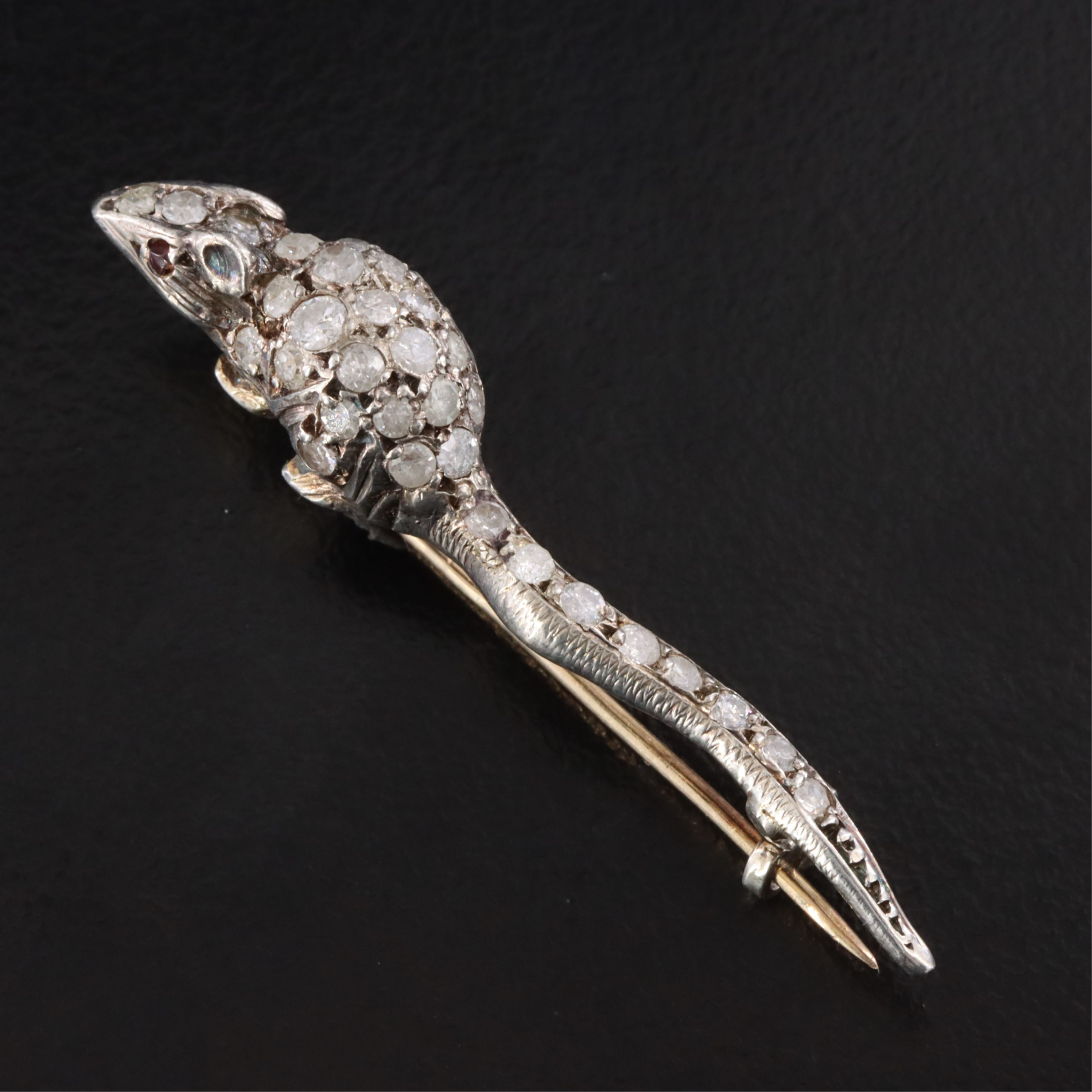 Antique Sterling Pavé Garnet and Diamond Rat Pin