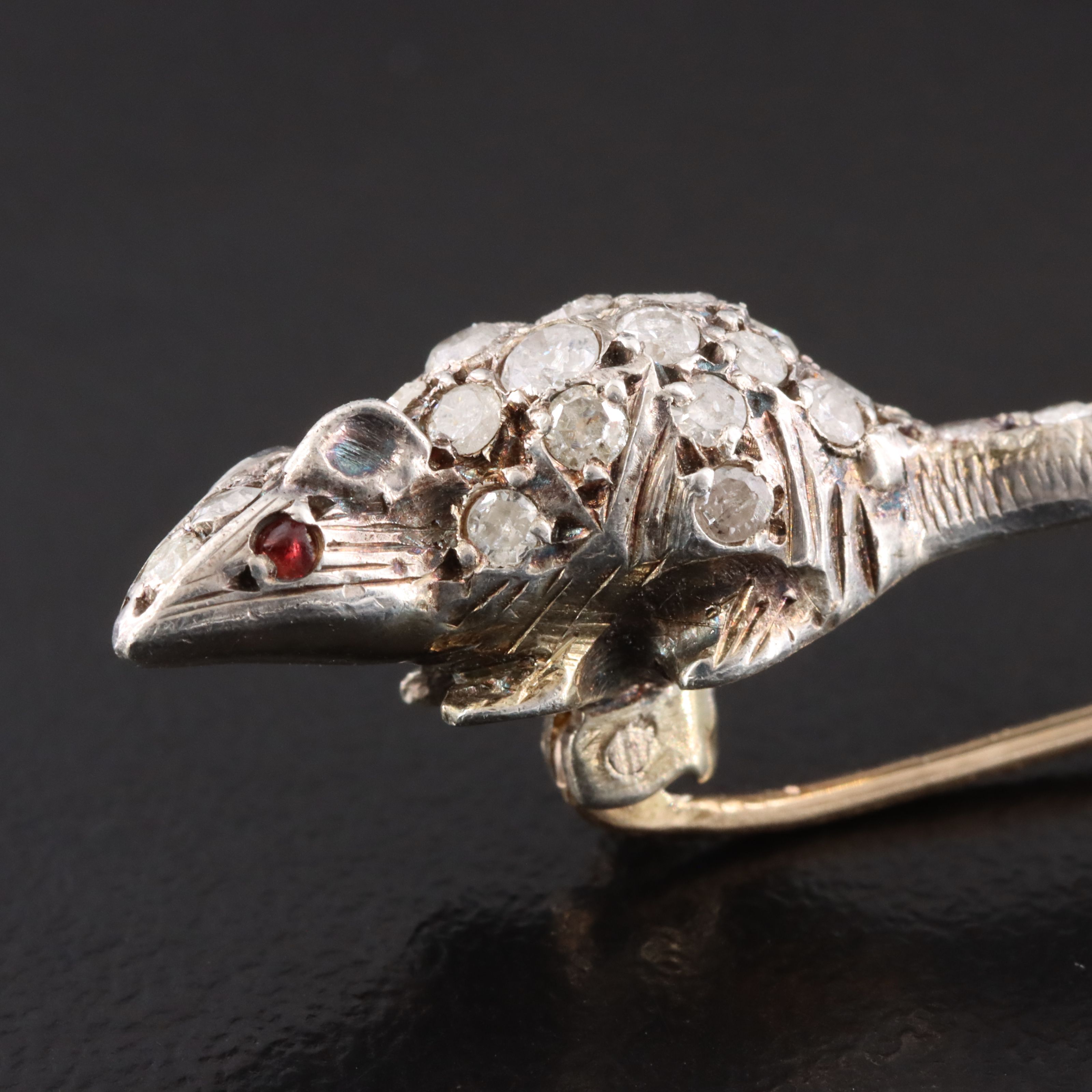 Antique Sterling Pavé Garnet and Diamond Rat Pin