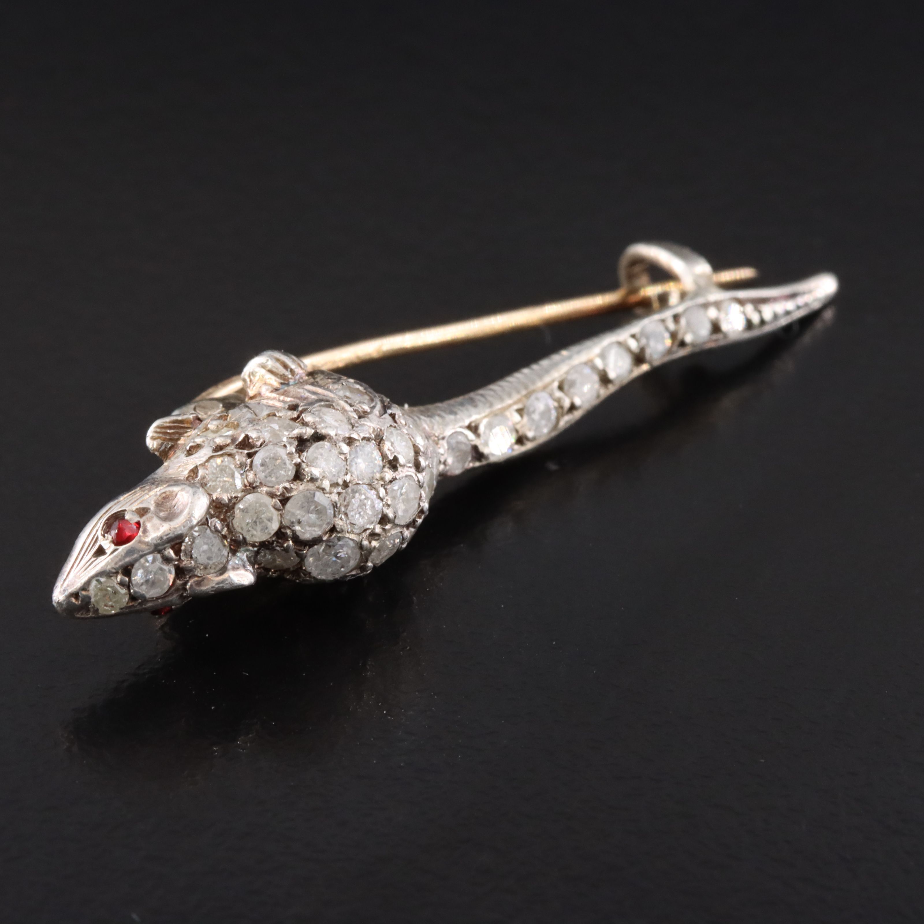 Antique Sterling Pavé Garnet and Diamond Rat Pin