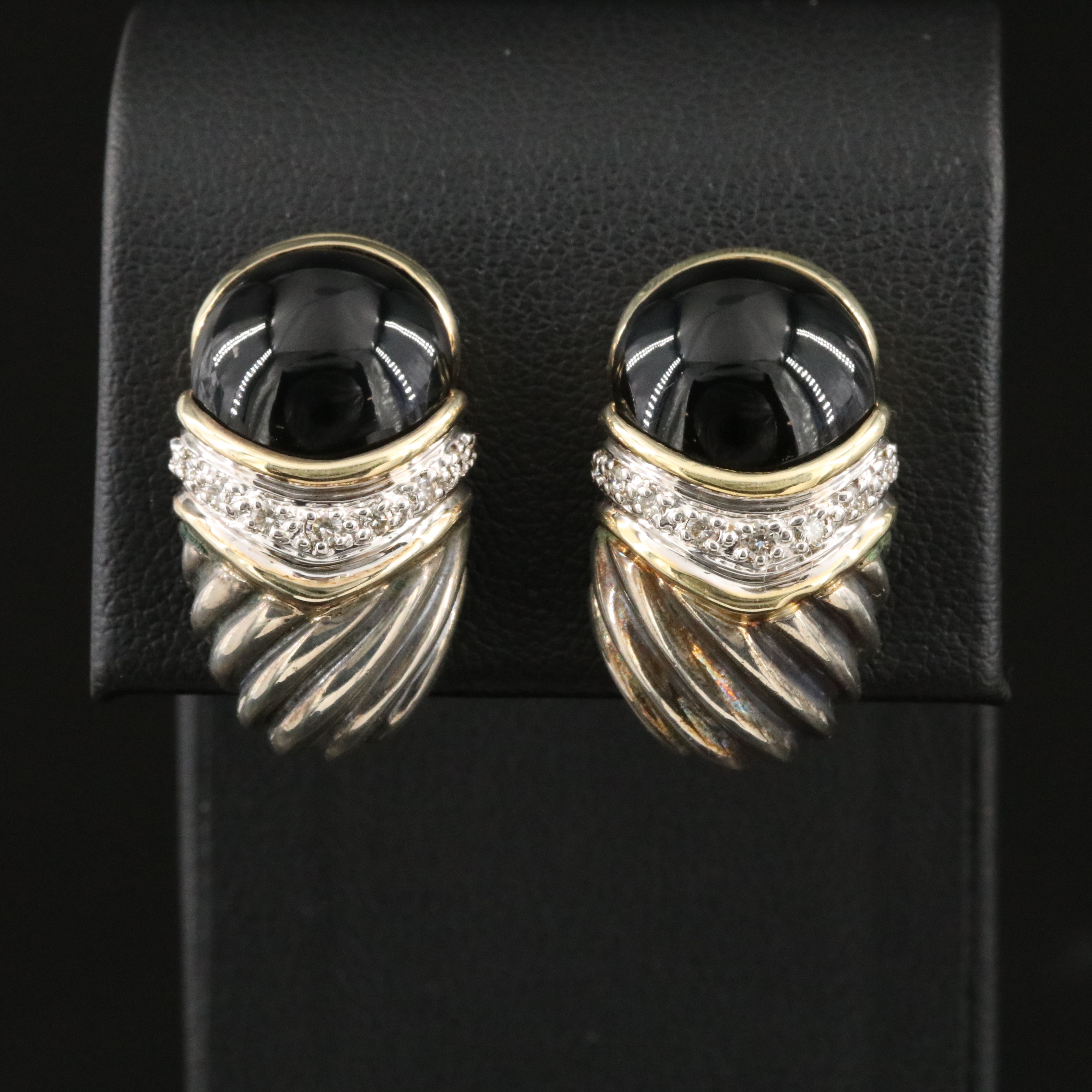 David Yurman Capri Sterling, 18K Black Onyx and Diamond Clip Earrings
