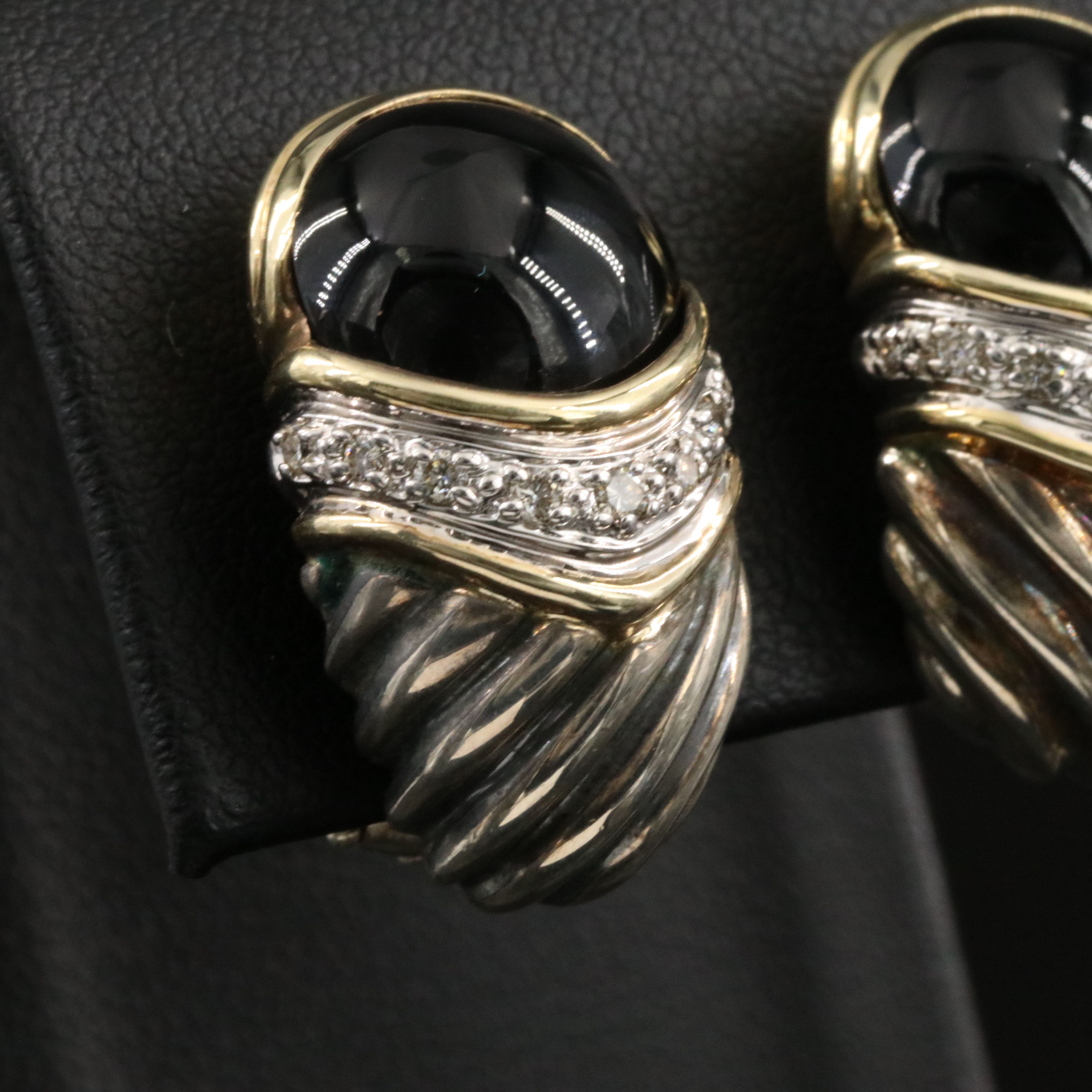 David Yurman Capri Sterling, 18K Black Onyx and Diamond Clip Earrings