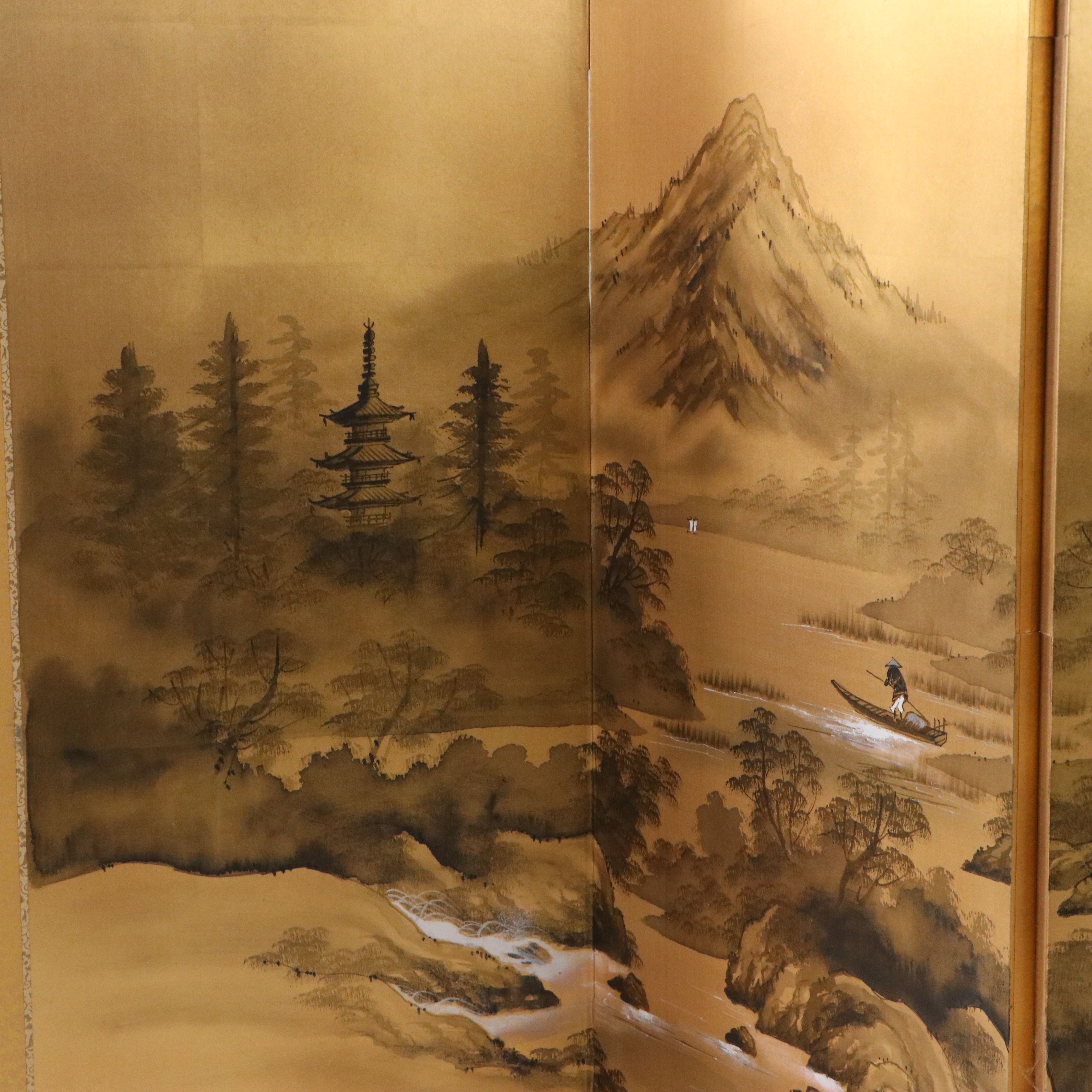 Japanese Hand-Painted Four-Panel Byōbu Screen, 20th Century