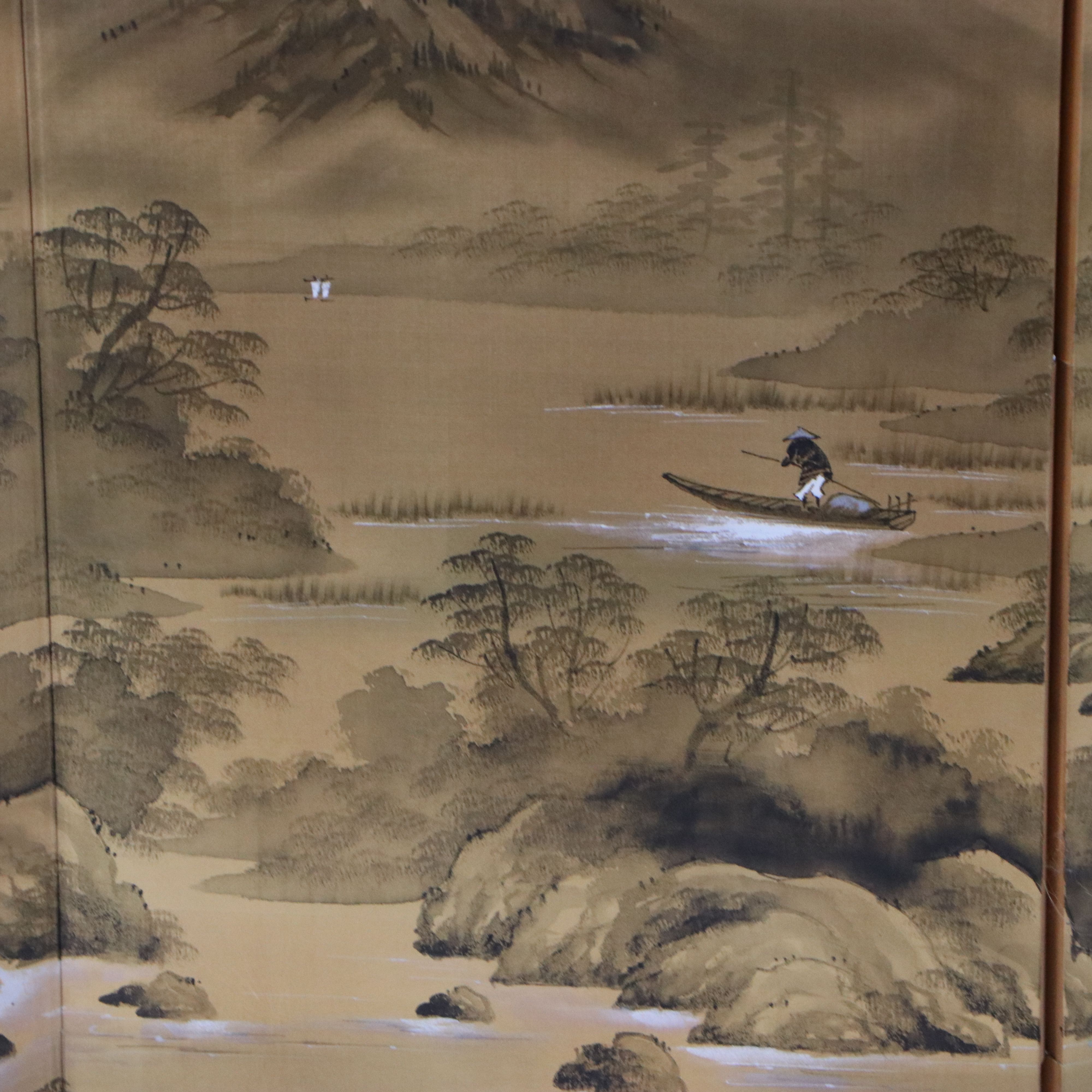 Japanese Hand-Painted Four-Panel Byōbu Screen, 20th Century