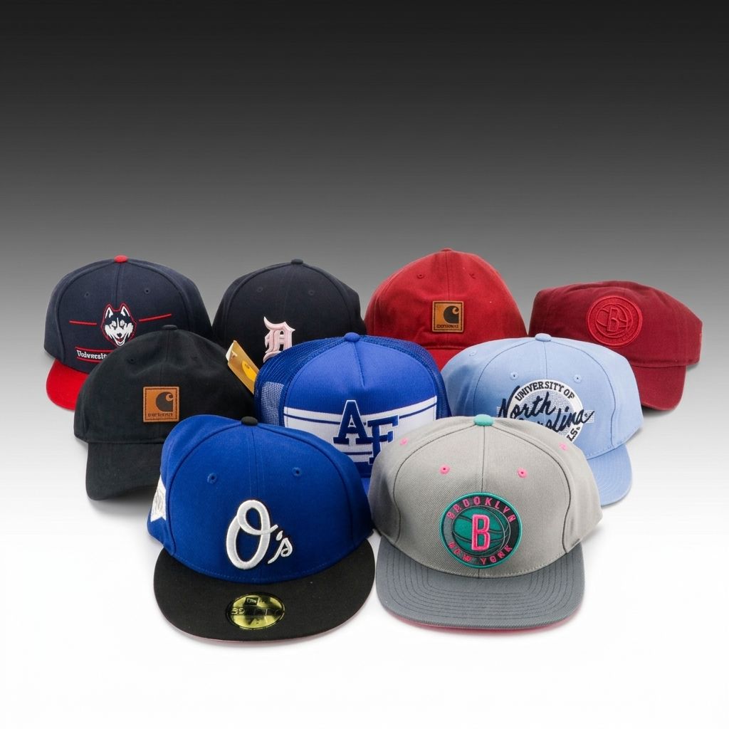 Assorted Baseball Hats Including Carhartt, UNC, MBL and More