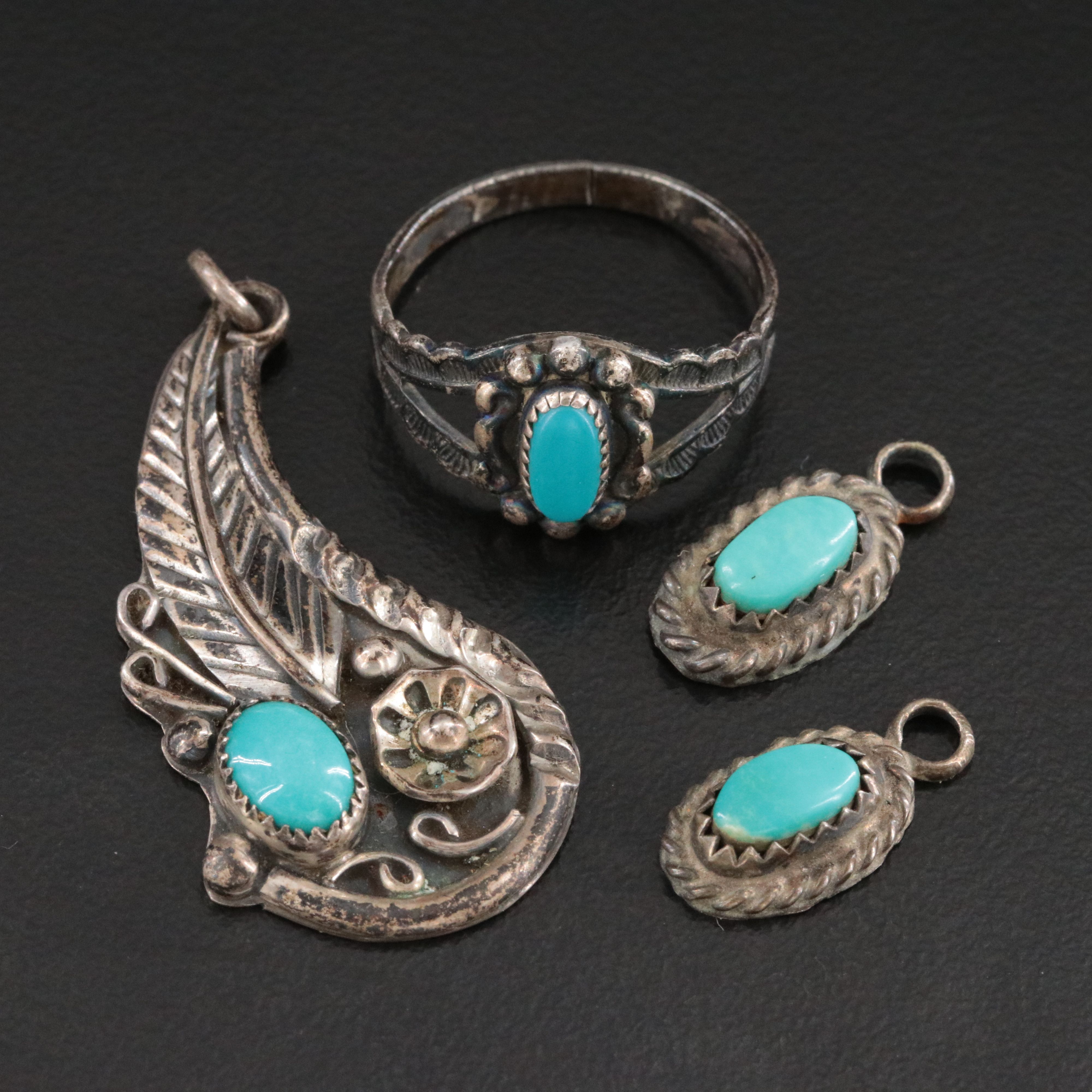 Sterling Artist Signed Turquoise Ring, Earring Enhancers, and Pendant