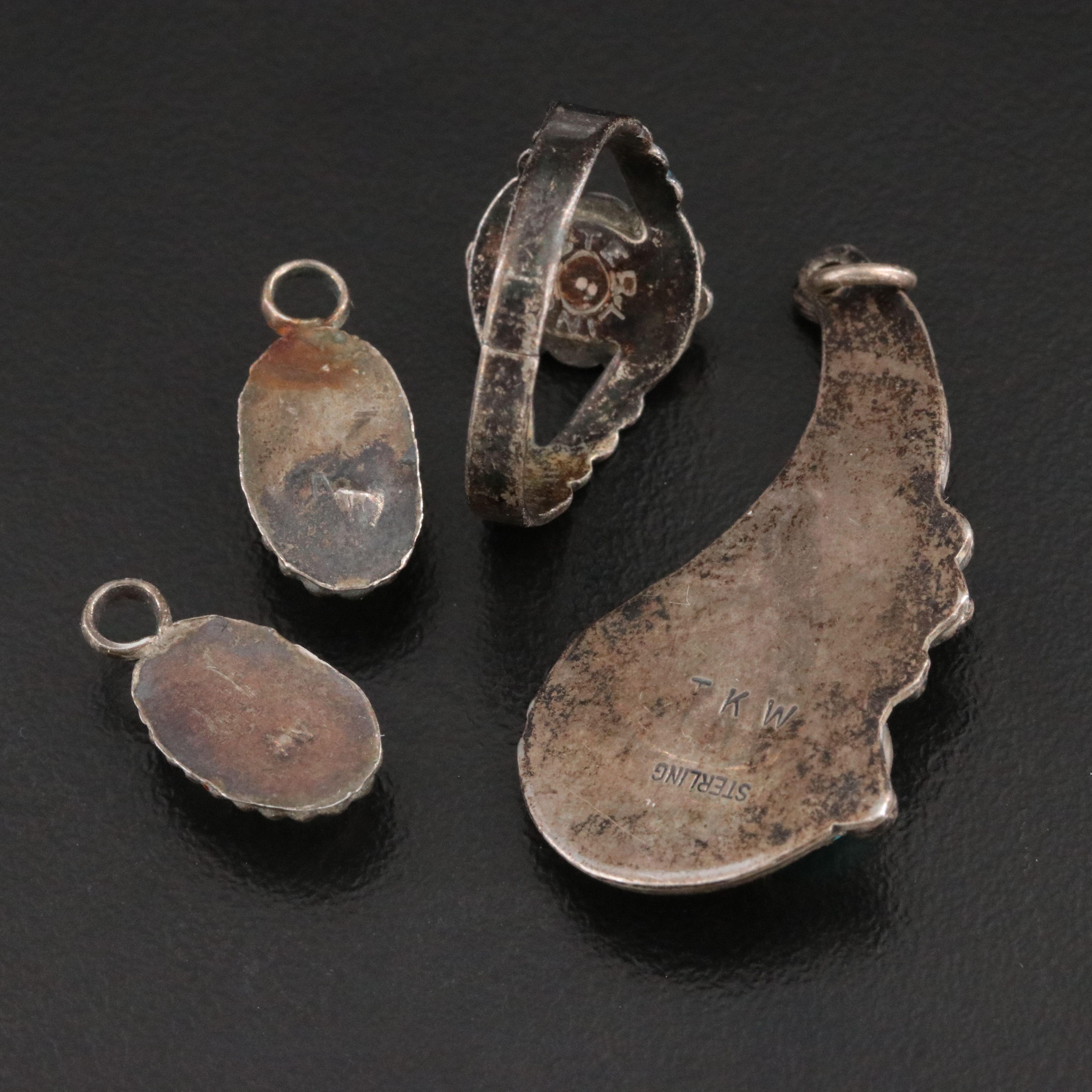 Sterling Artist Signed Turquoise Ring, Earring Enhancers, and Pendant