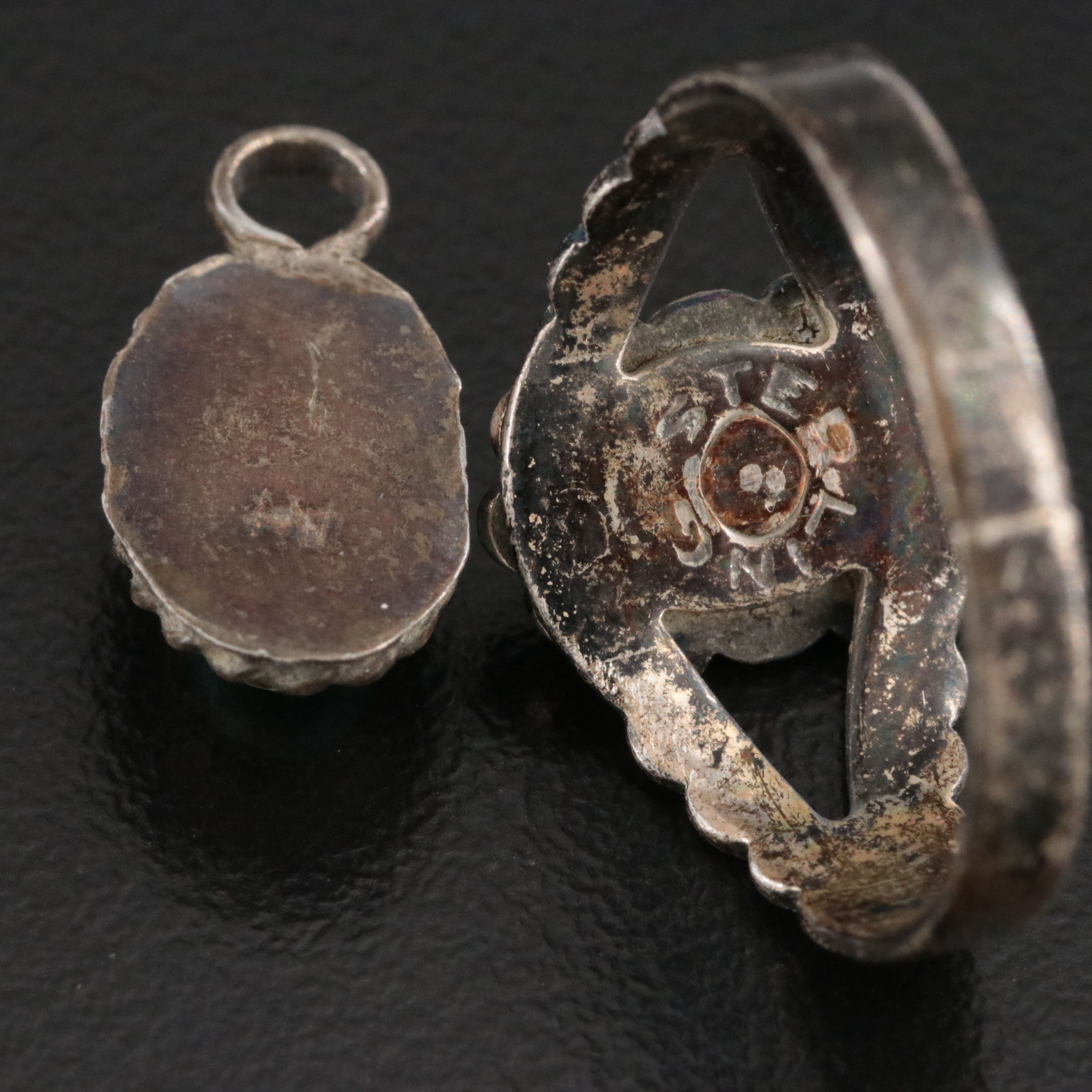 Sterling Artist Signed Turquoise Ring, Earring Enhancers, and Pendant