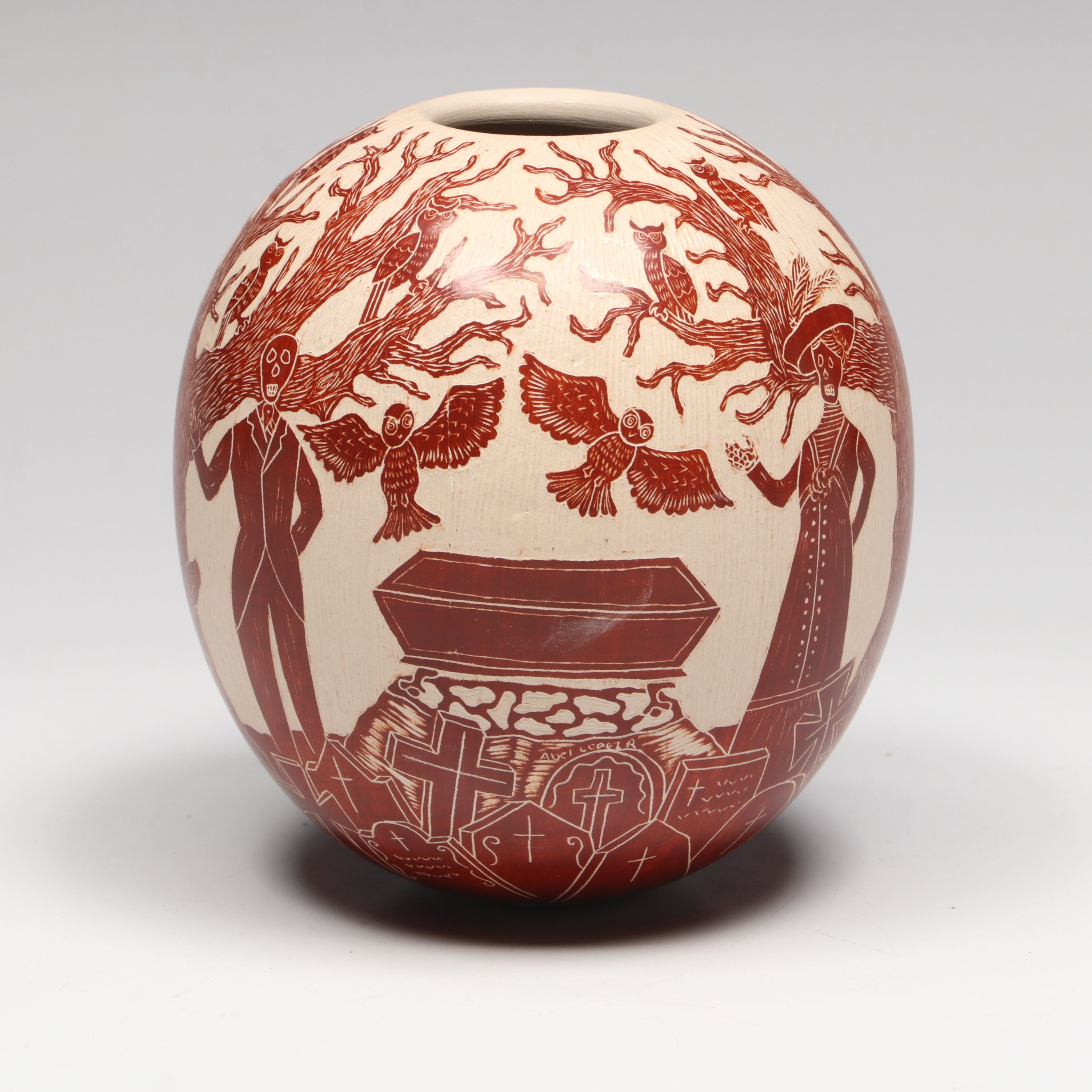 Abel R. Lopez Mata Ortiz "Day of the Dead" Sgaffito Pottery Vase
