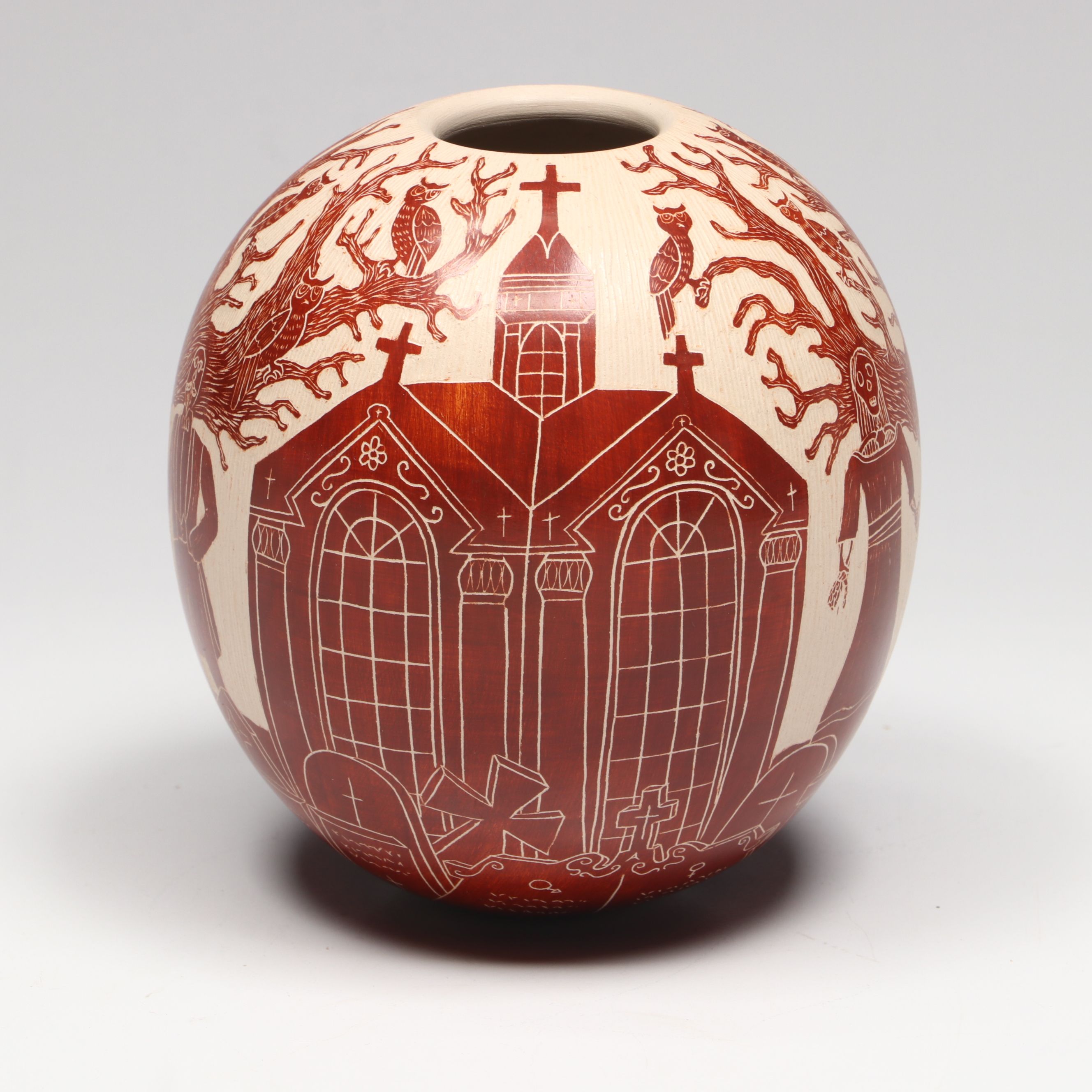 Abel R. Lopez Mata Ortiz "Day of the Dead" Sgaffito Pottery Vase