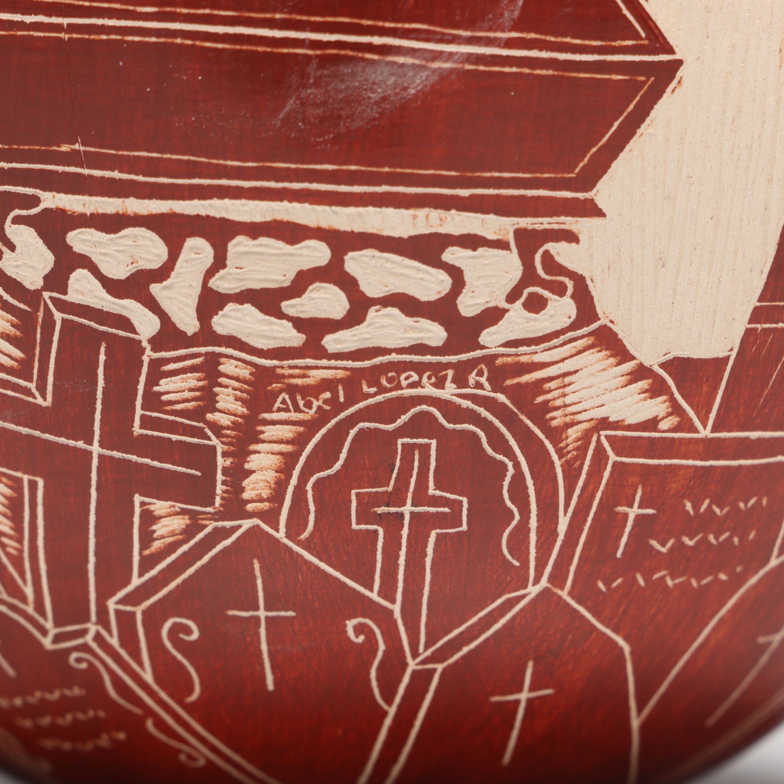 Abel R. Lopez Mata Ortiz "Day of the Dead" Sgaffito Pottery Vase