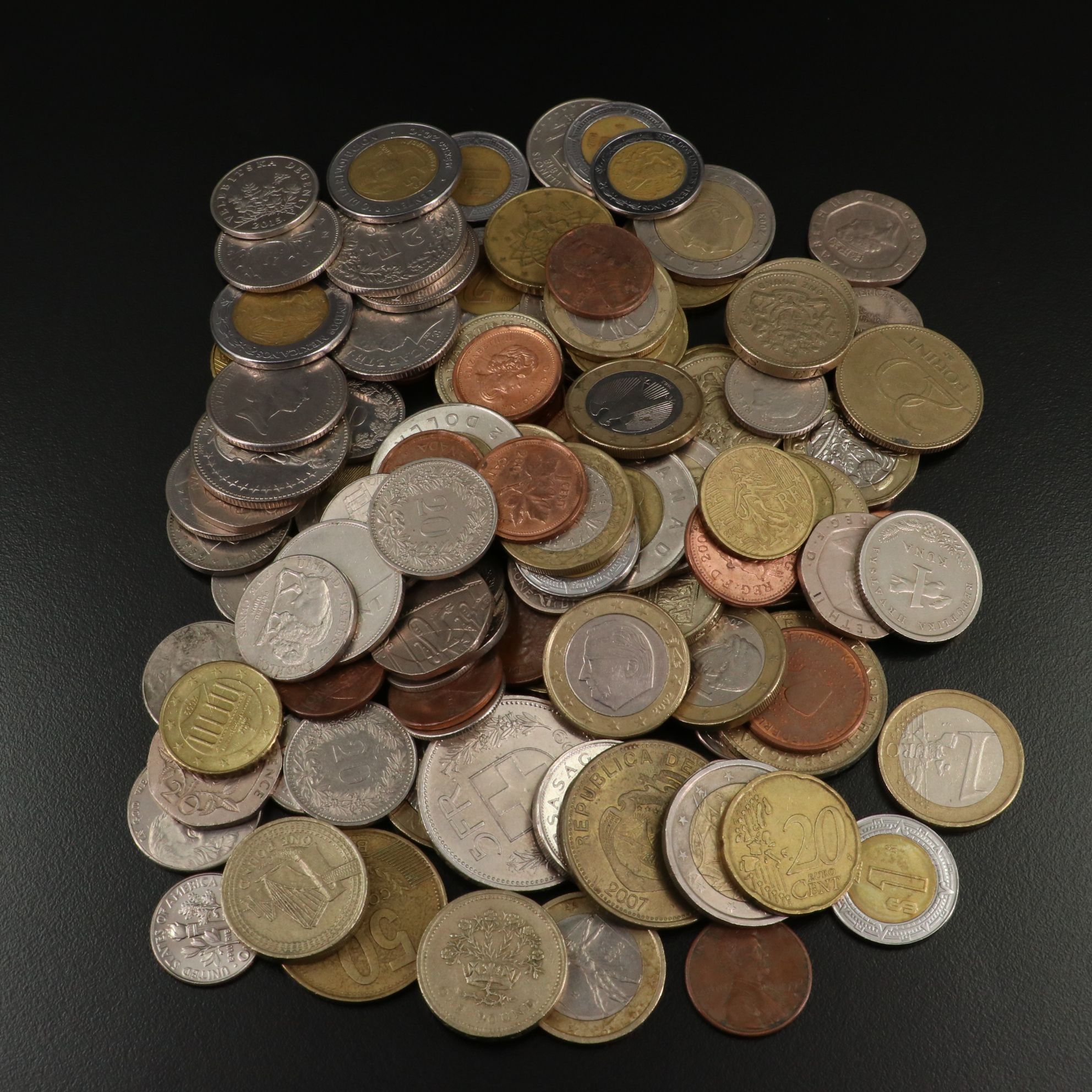 Ninety-Five Foreign Coins and Three Mercury Silver Dimes