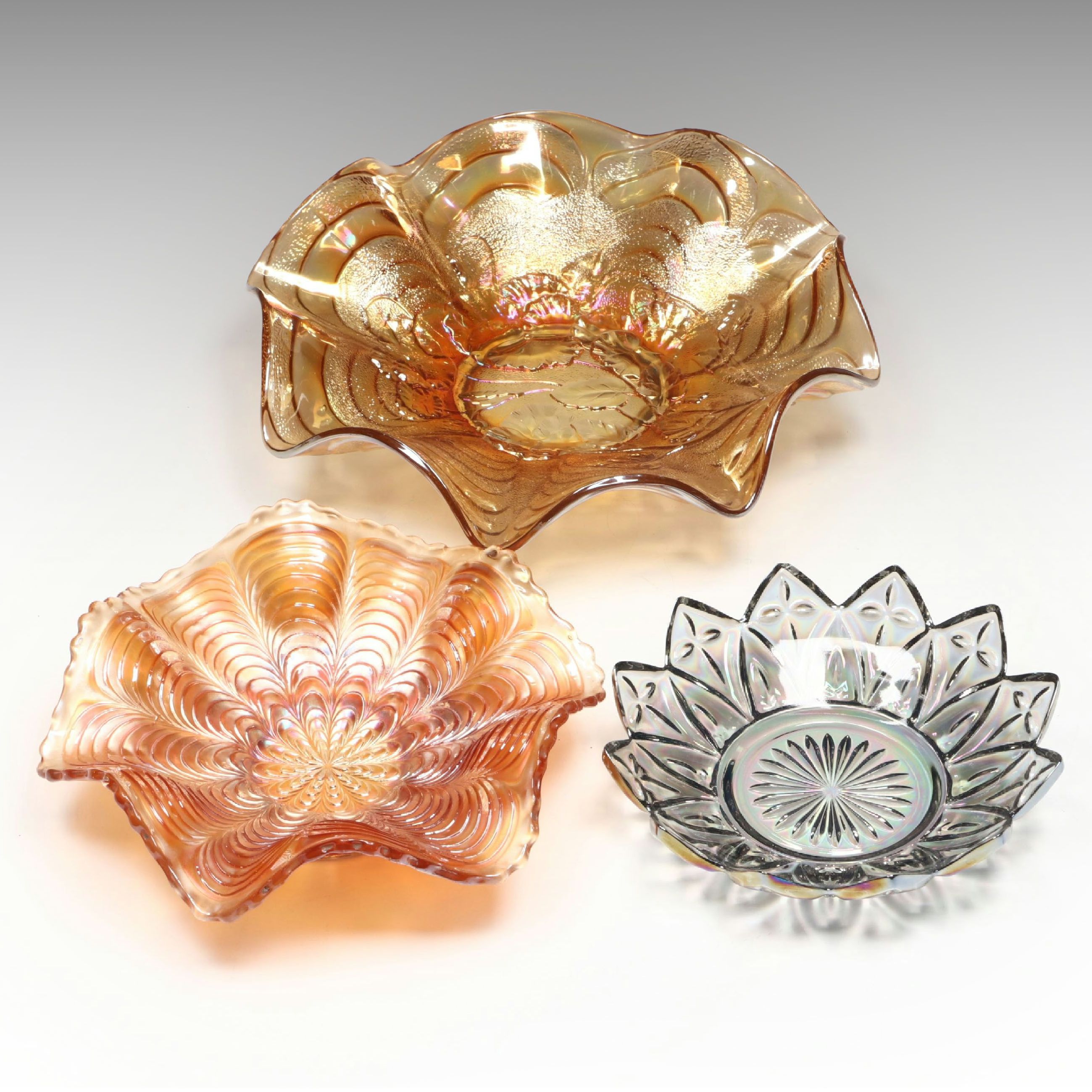 Fenton "Peacock Tail" Marigold Carnival Glass Bowl with Other Vintage Bowls