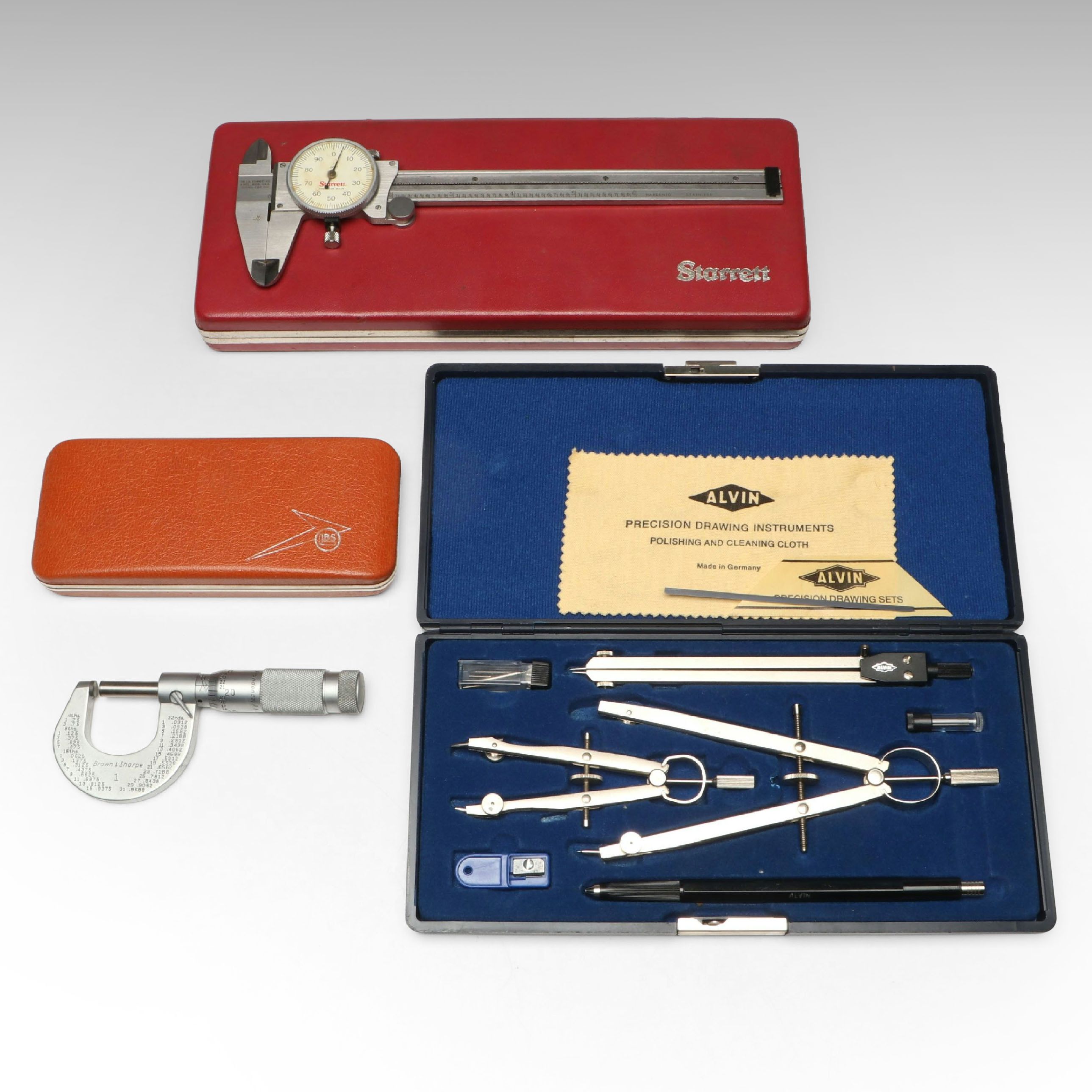 Alvin Drawing Instruments with Brown & Sharpe Micrometer and Other Caliper
