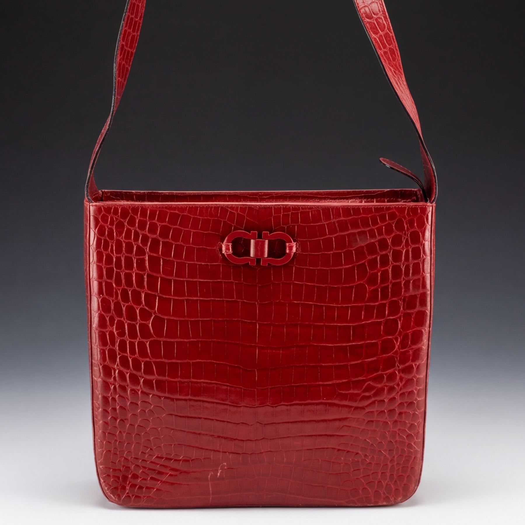 Salvatore Ferragamo Hobo Shoulder Bag in Red Crocodile Embossed Leather