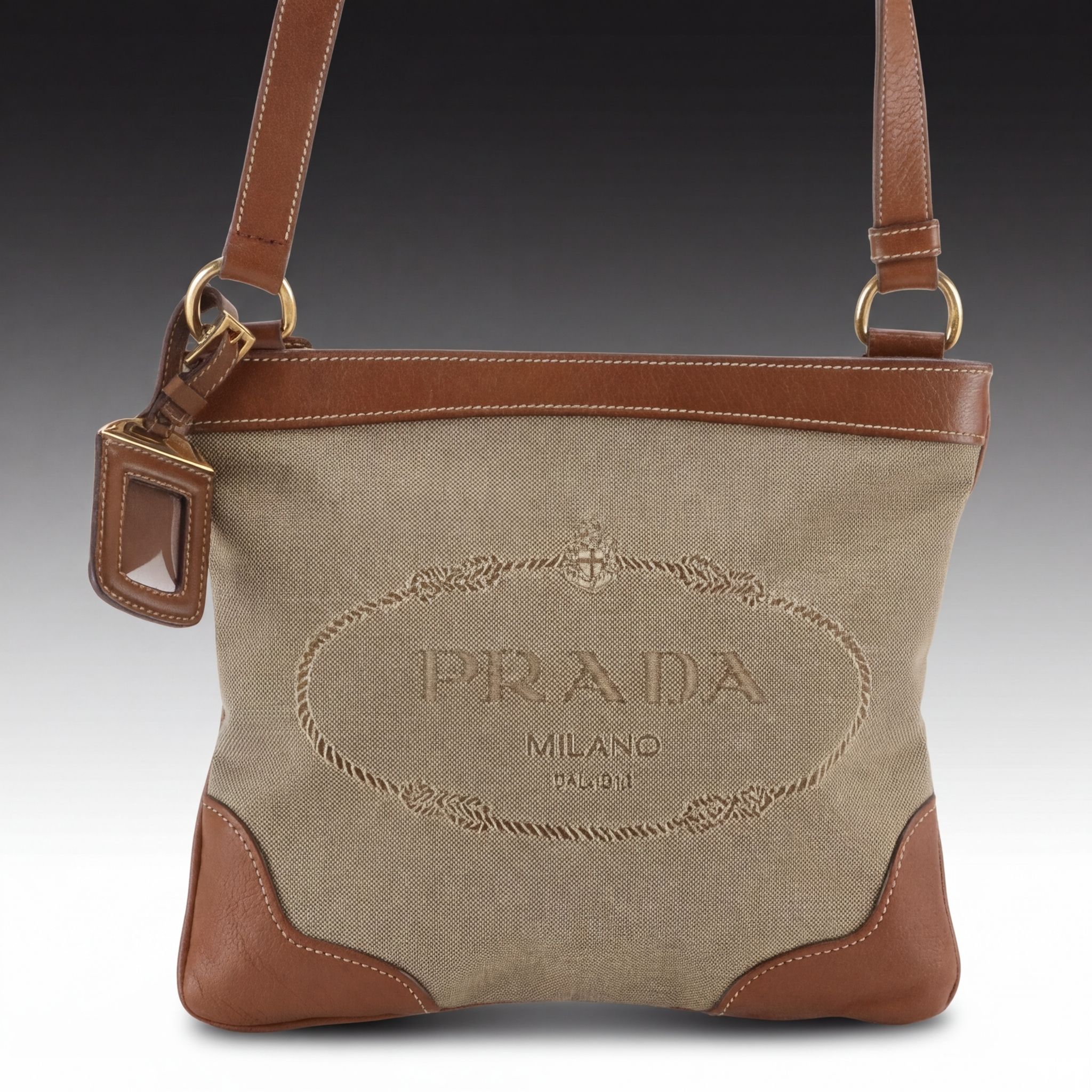 Prada Beige Canapa Logo Jacquard Canvas and Leather Crossbody Bag