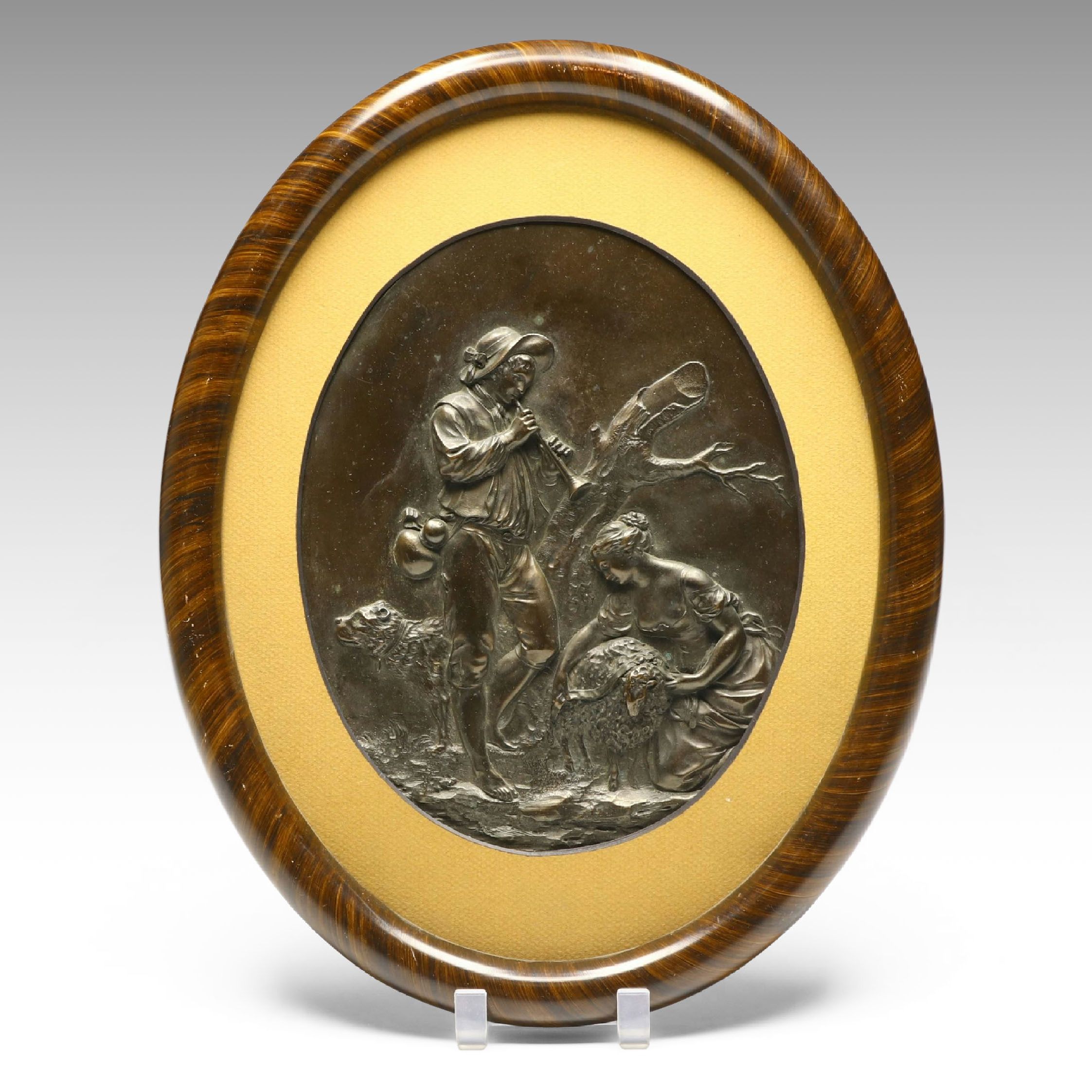 Wood Framed Bronze Finish High Relief Pastoral Scene