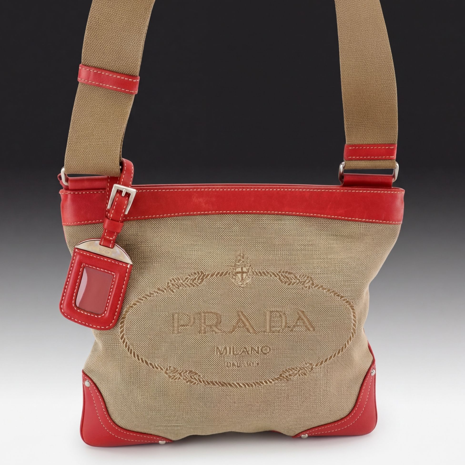 Prada Beige Canapa Logo Jacquard Canvas and Red Leather Crossbody Bag