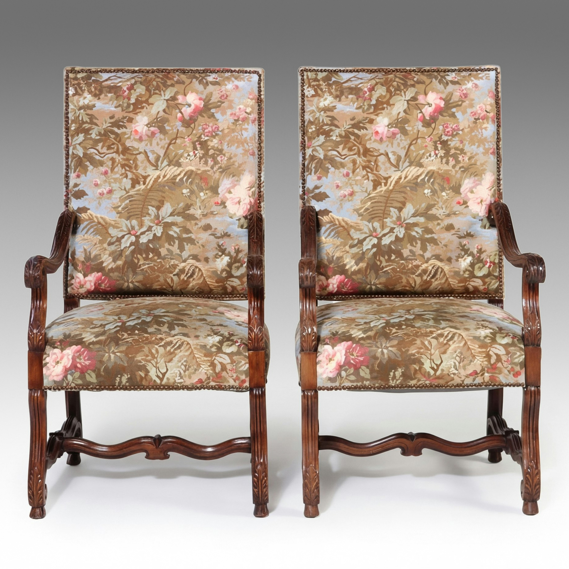 Pair of Louis XIV Style Carved Walnut Os de Mouton Armchairs, 20th Century