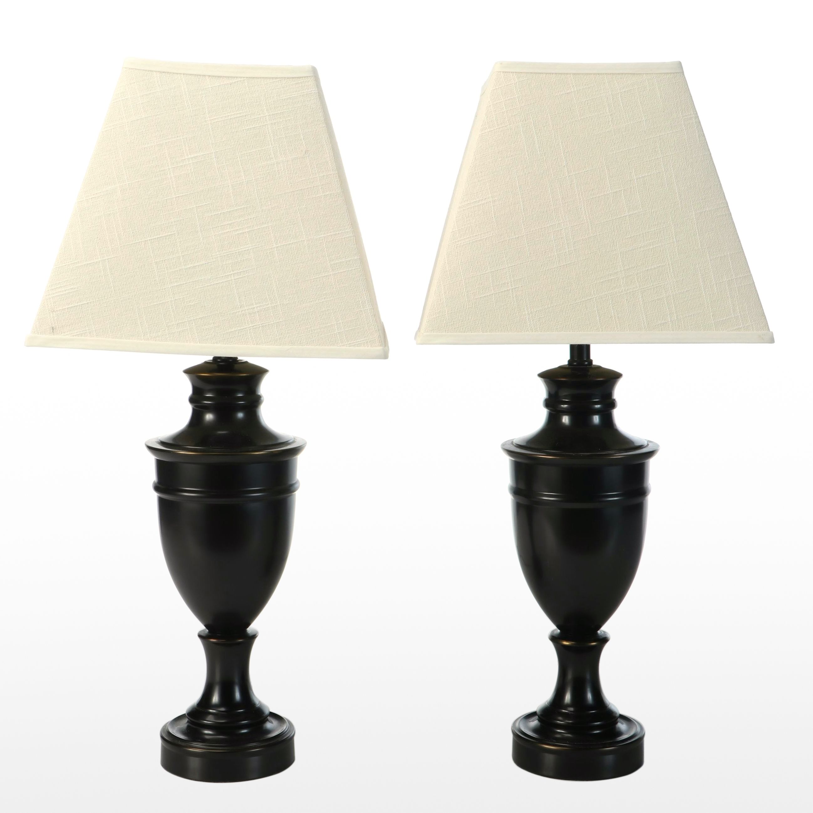 Pair of Oil Rubbed Bronze Urn Table Lamps with Cotton Squacre Shades
