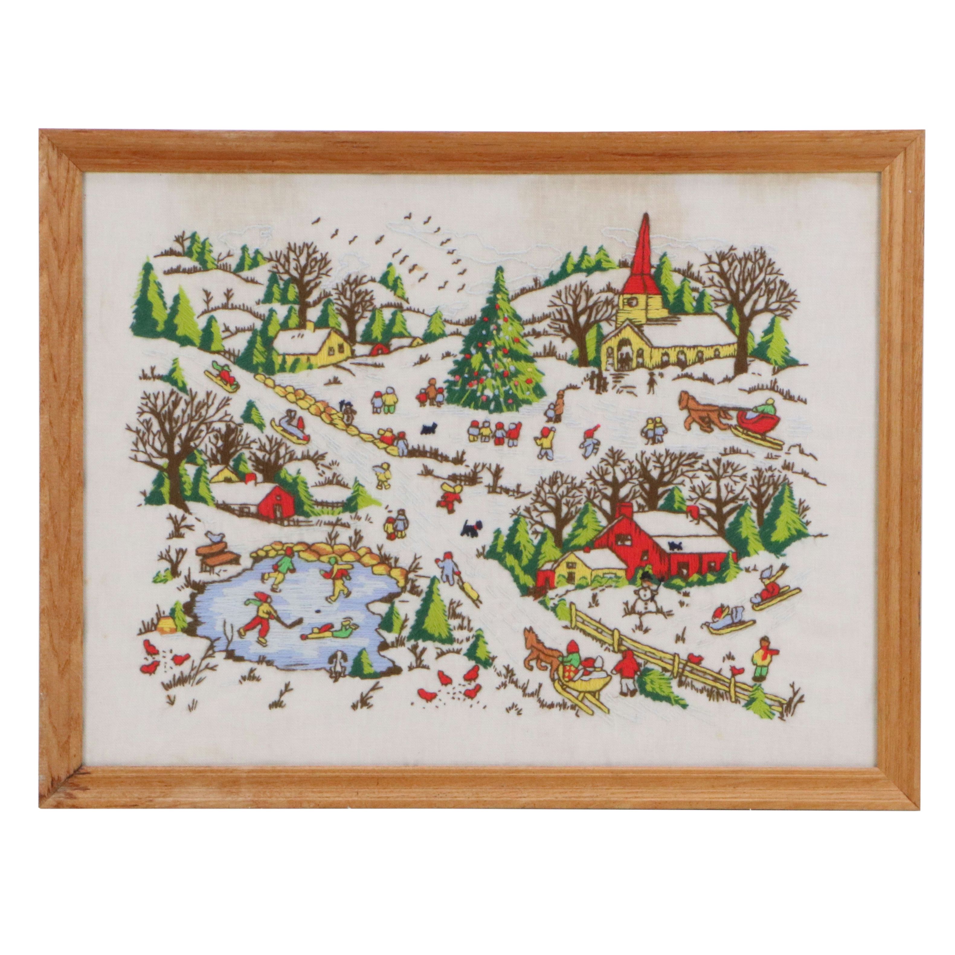 Embroidered Wall Art with Snowy Christmas Village Scene, Mid to Late 20th C.