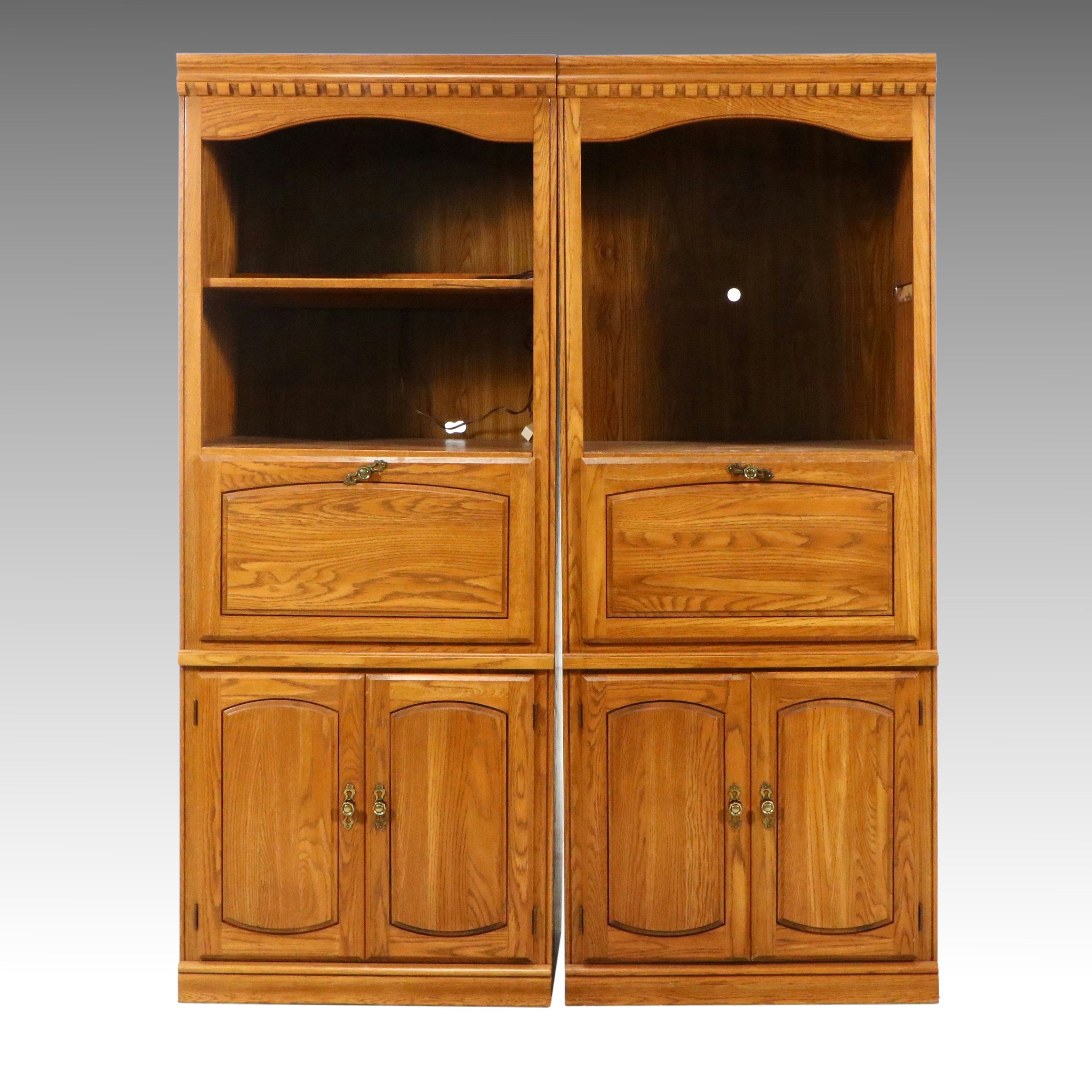 Pair of Oak Media Cabinets with Drop-Front Desk Compartments, Late 20th Century