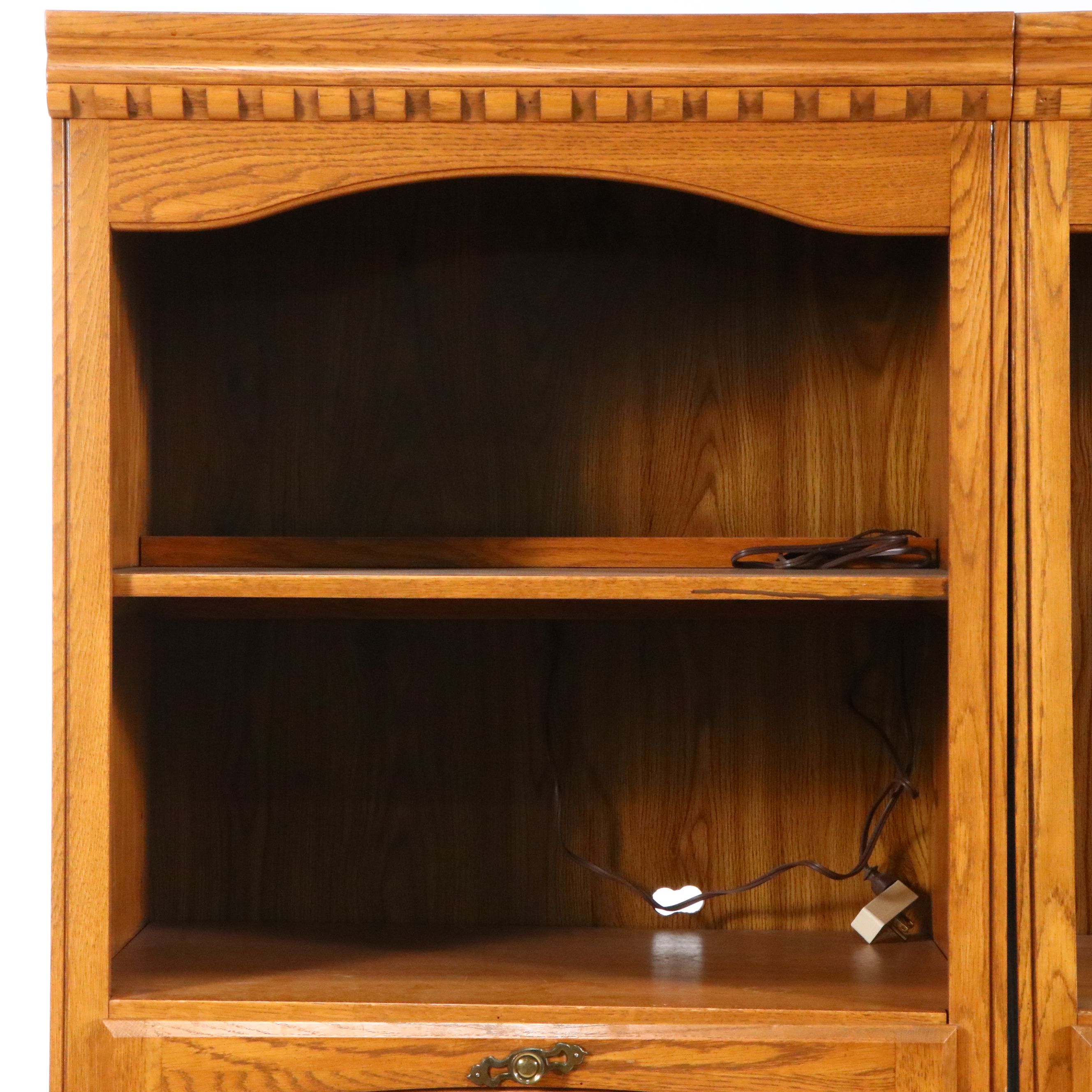 Pair of Oak Media Cabinets with Drop-Front Desk Compartments, Late 20th Century