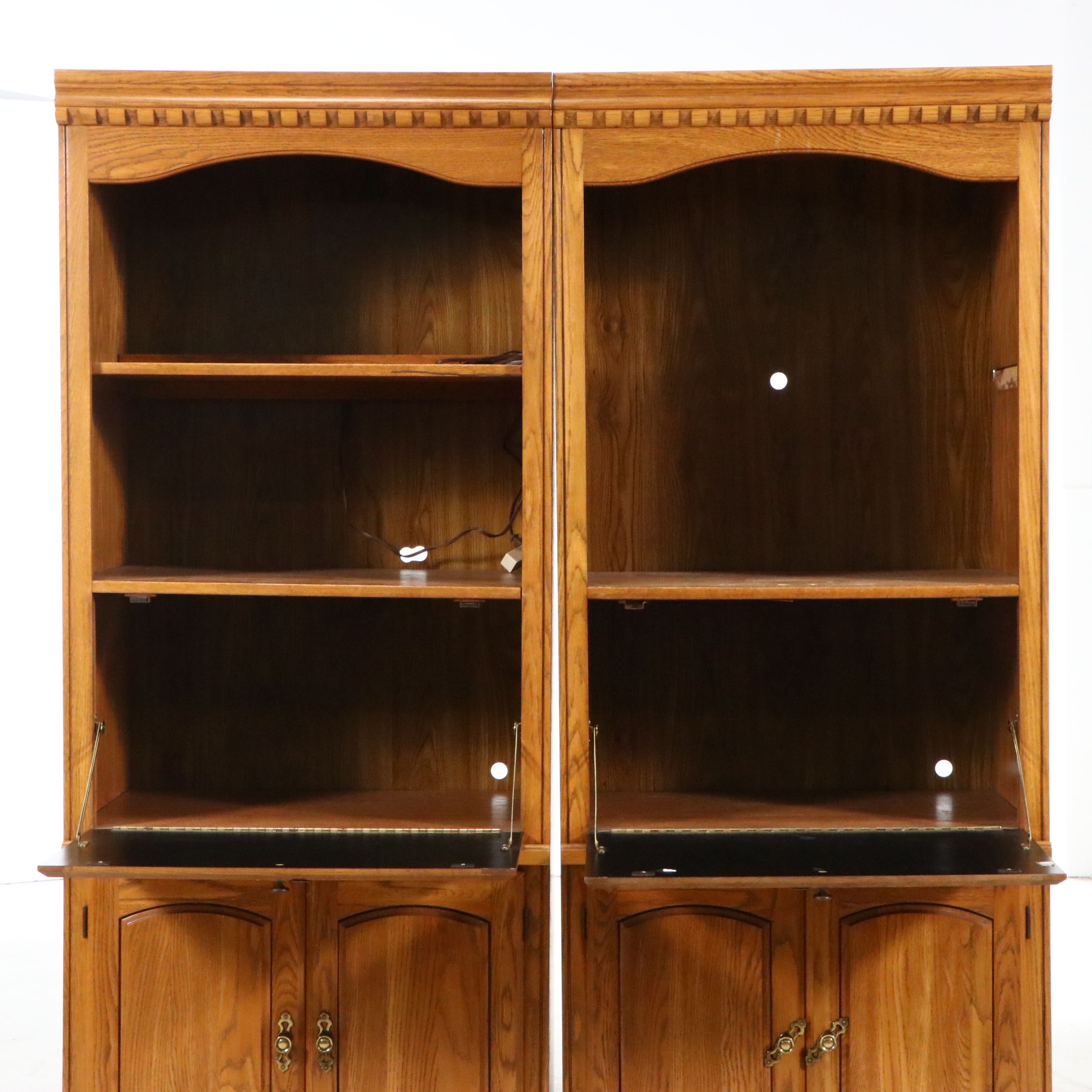 Pair of Oak Media Cabinets with Drop-Front Desk Compartments, Late 20th Century