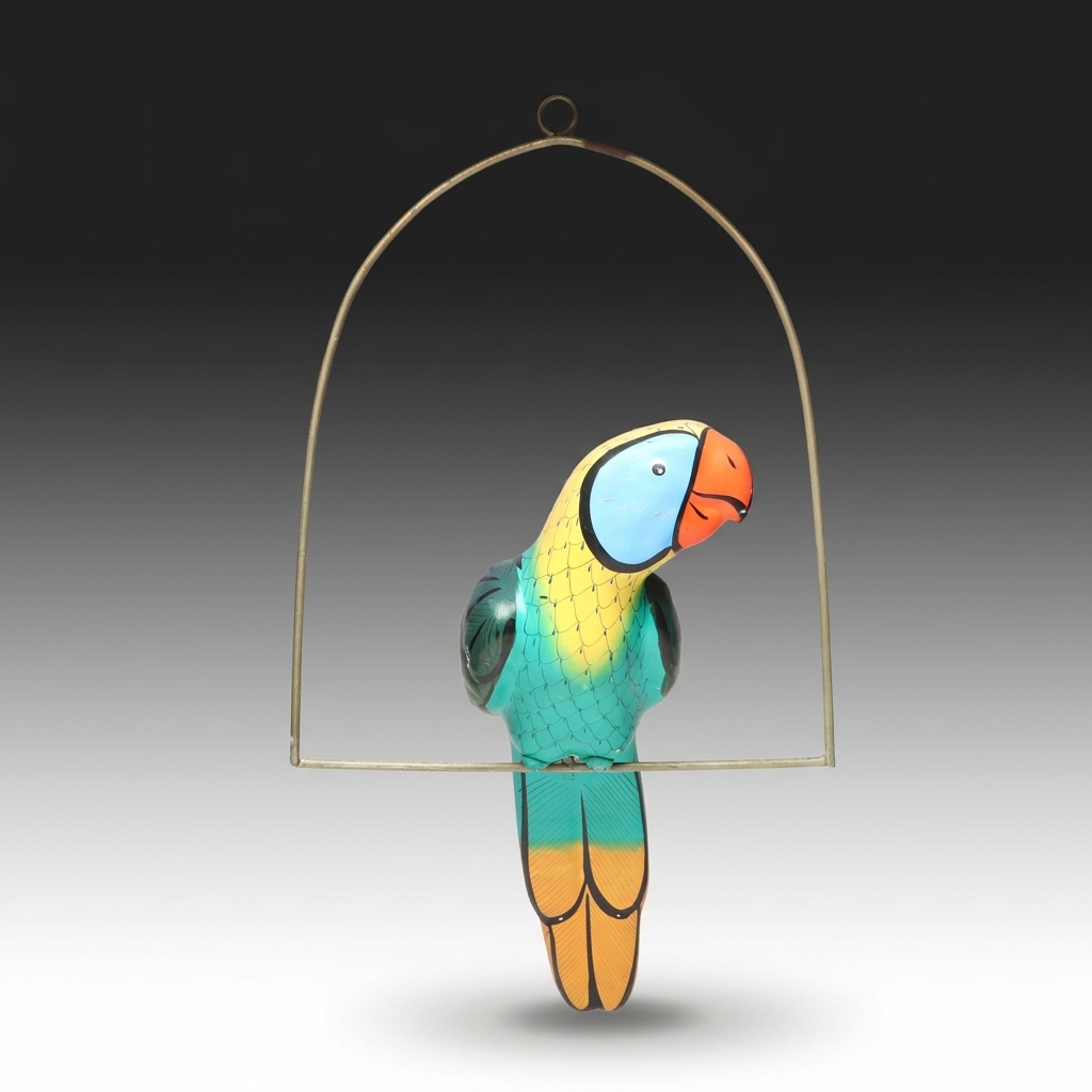Mexican Hand-Painted Ceramic Parrot with Hanging Metal Perch