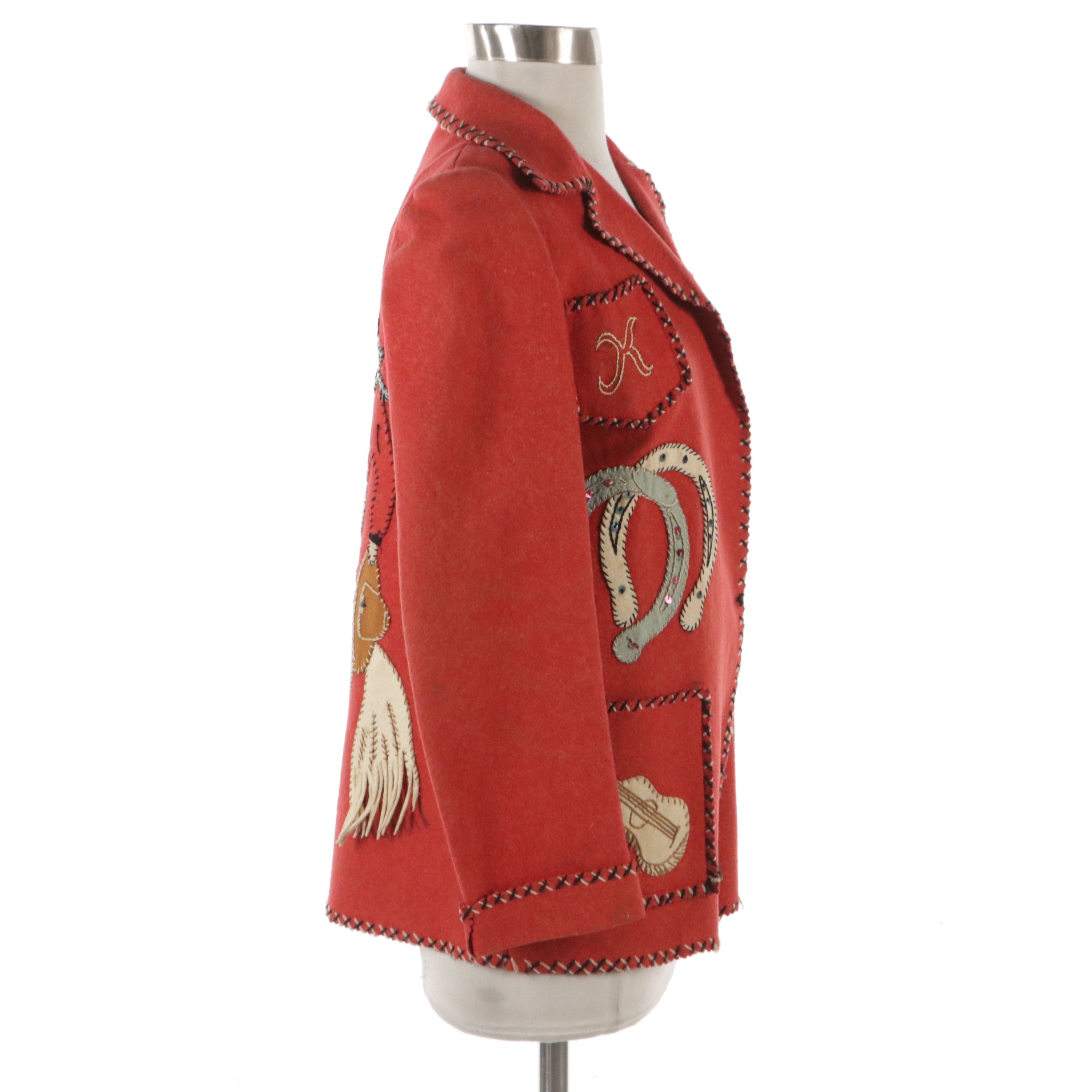 Western Motif Appliquéd, Sequined and Hand-Stitched Open-Front Vintage Jacket