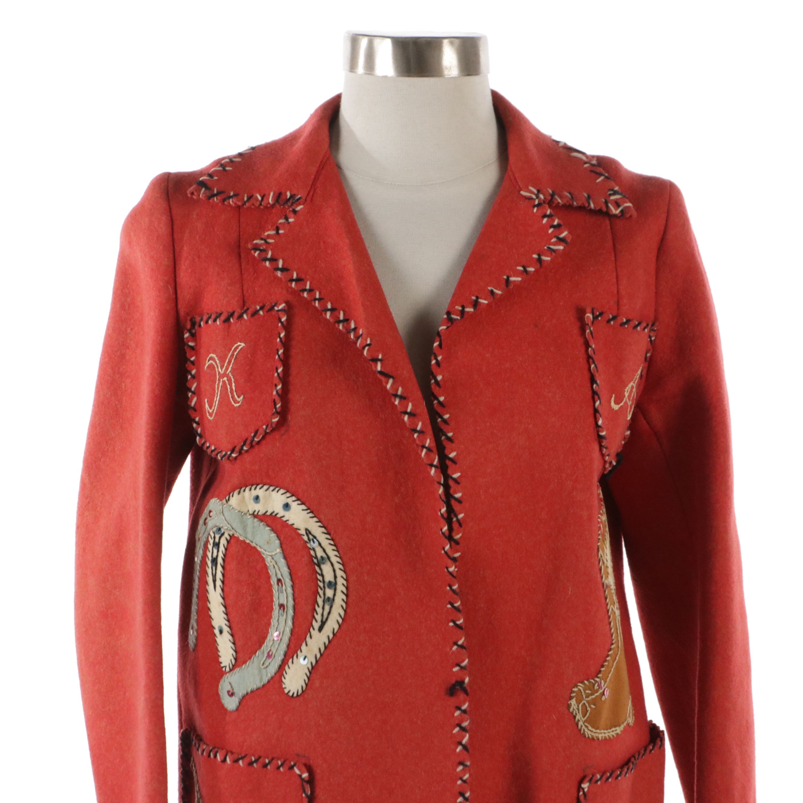 Western Motif Appliquéd, Sequined and Hand-Stitched Open-Front Vintage Jacket
