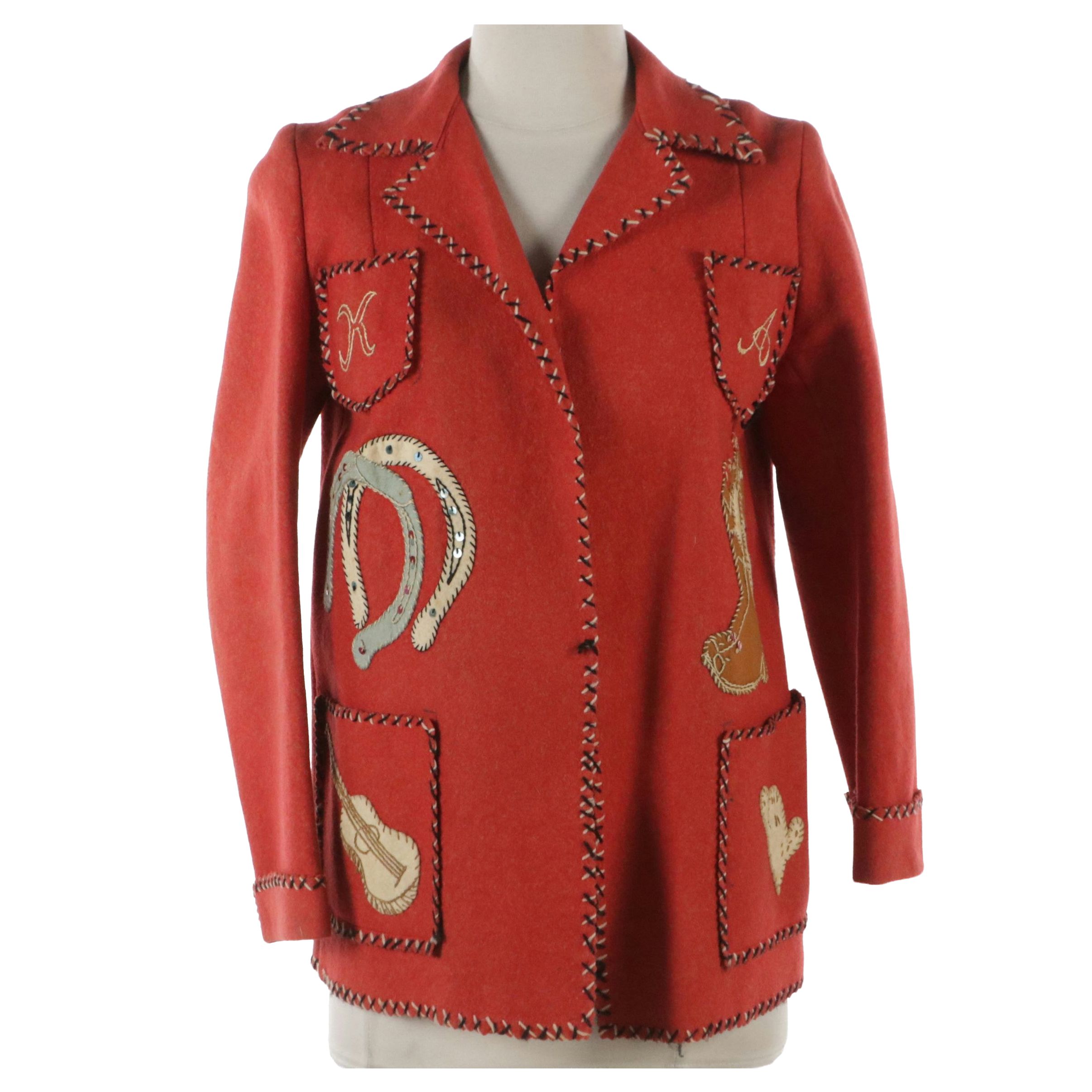 Western Motif Appliquéd, Sequined and Hand-Stitched Open-Front Vintage Jacket