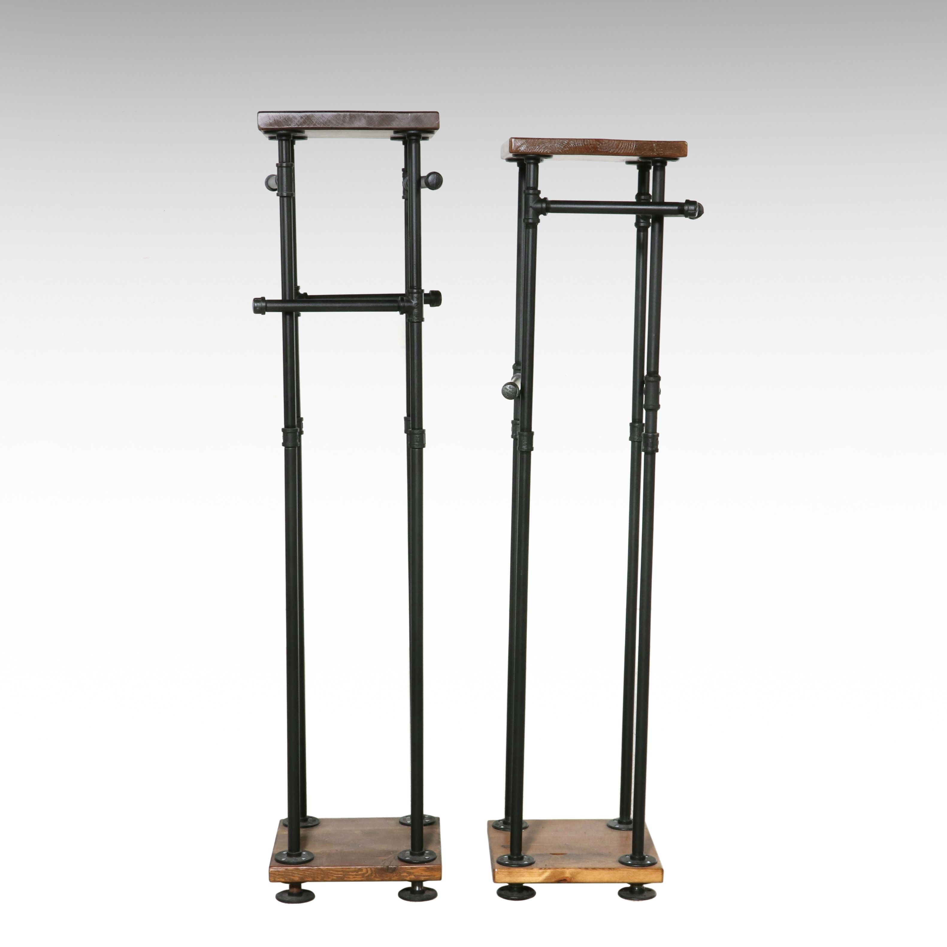 Pair of Industrial Pipe and Wood Pedestal Coat Racks