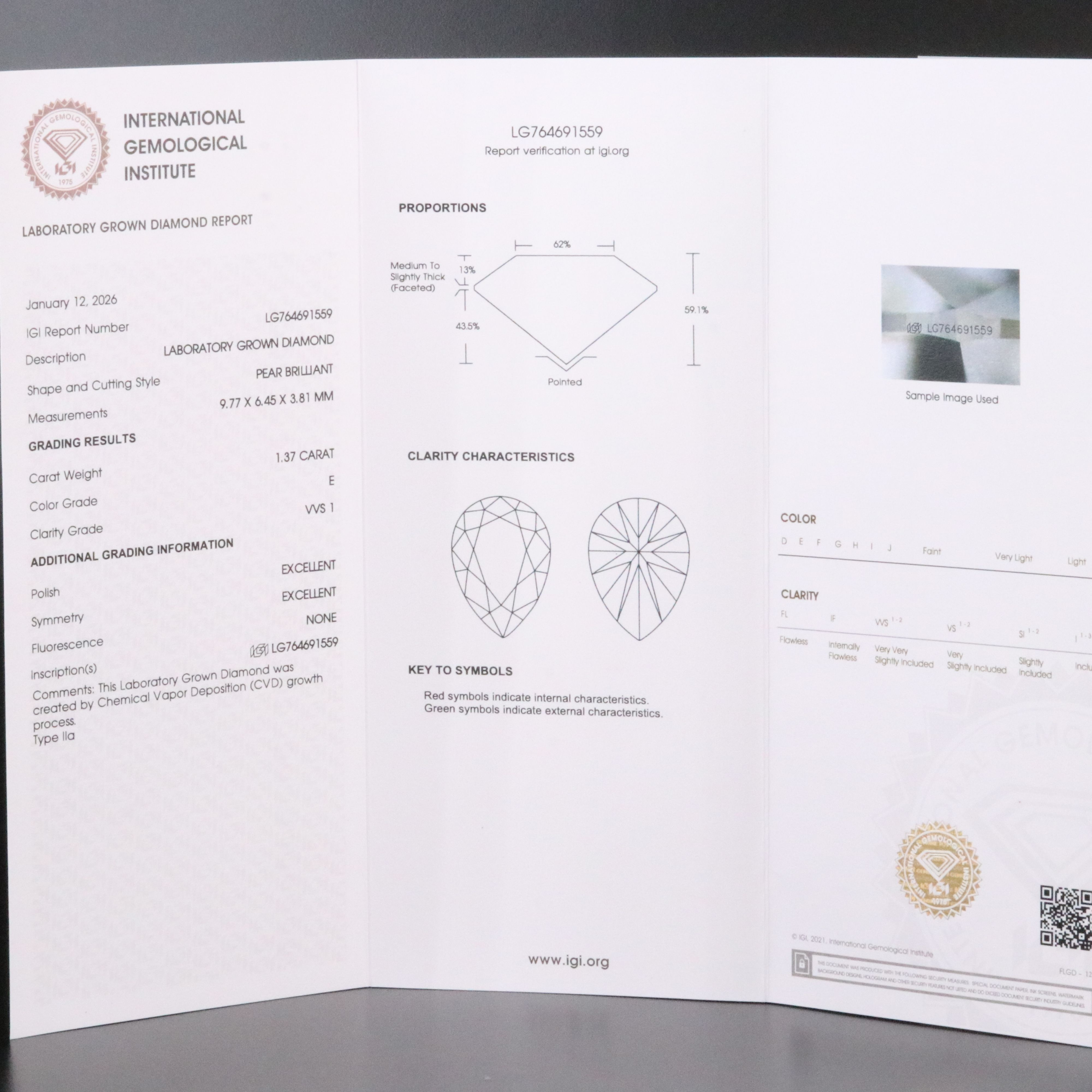 Loose 1.37 CT Lab Grown Diamond with IGI Report