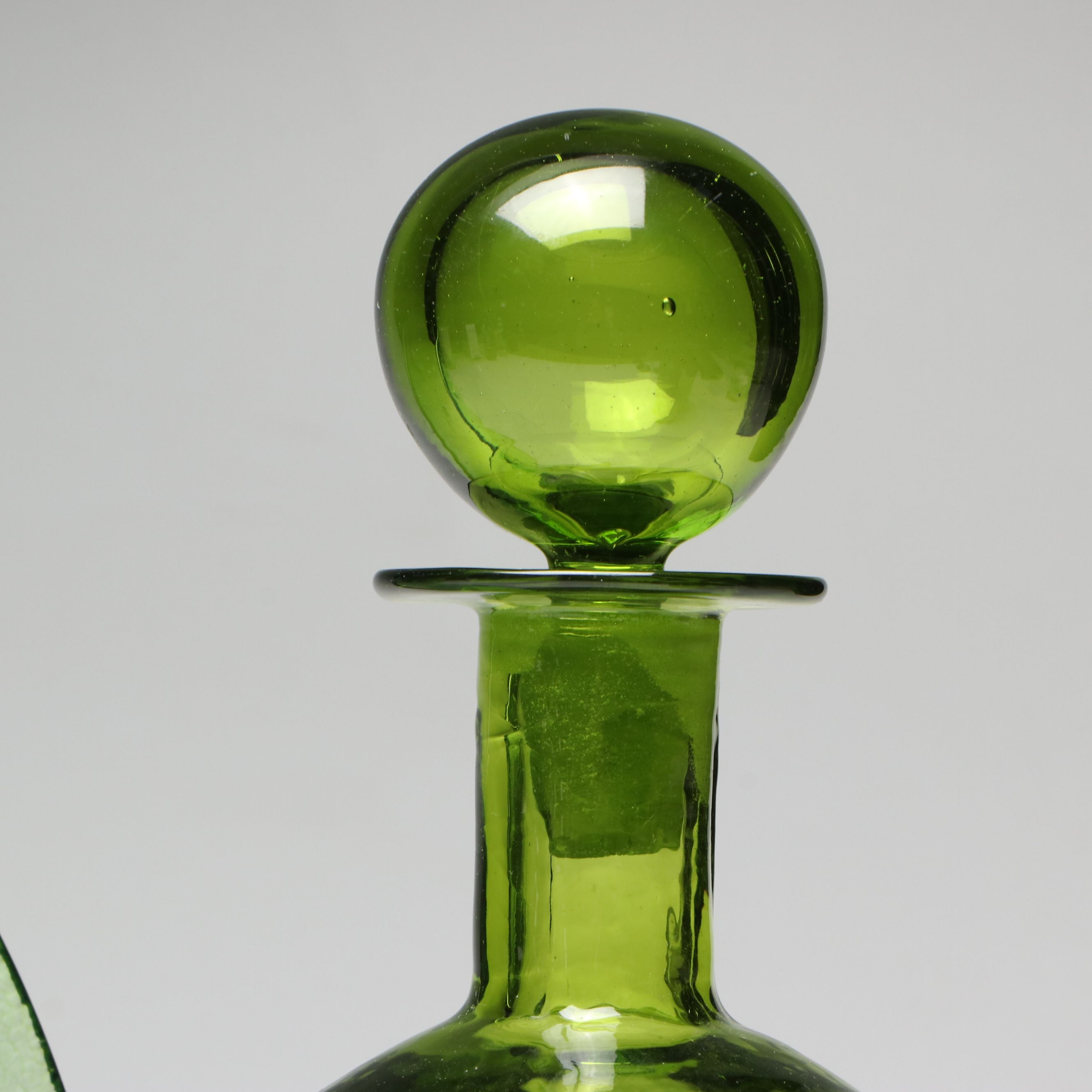 Blenko "Moonscape" Kiwi Colored Glass Decanter with Other Pitcher and Plates