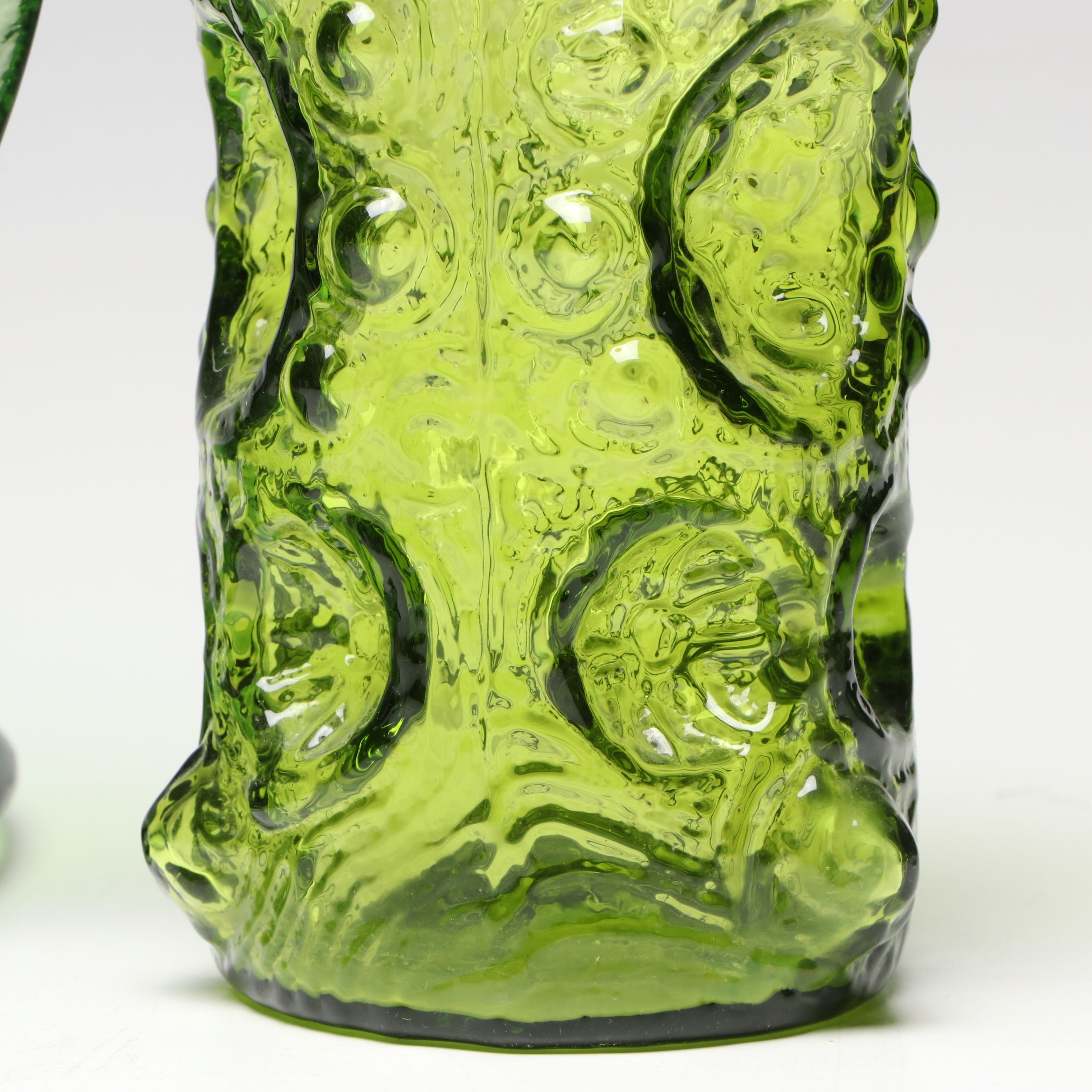 Blenko "Moonscape" Kiwi Colored Glass Decanter with Other Pitcher and Plates
