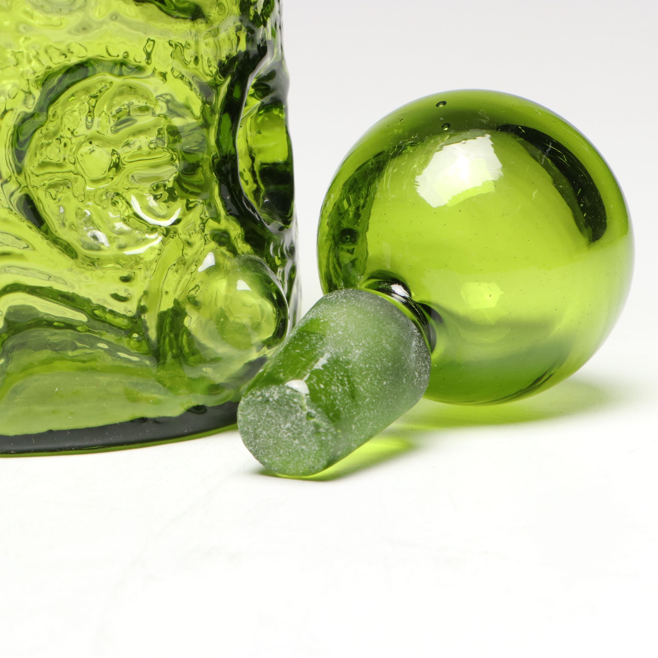 Blenko "Moonscape" Kiwi Colored Glass Decanter with Other Pitcher and Plates