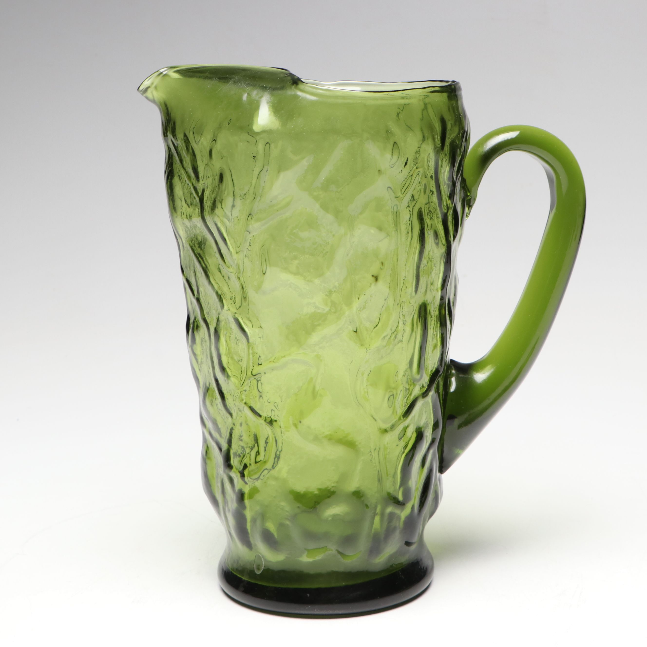 Blenko "Moonscape" Kiwi Colored Glass Decanter with Other Pitcher and Plates