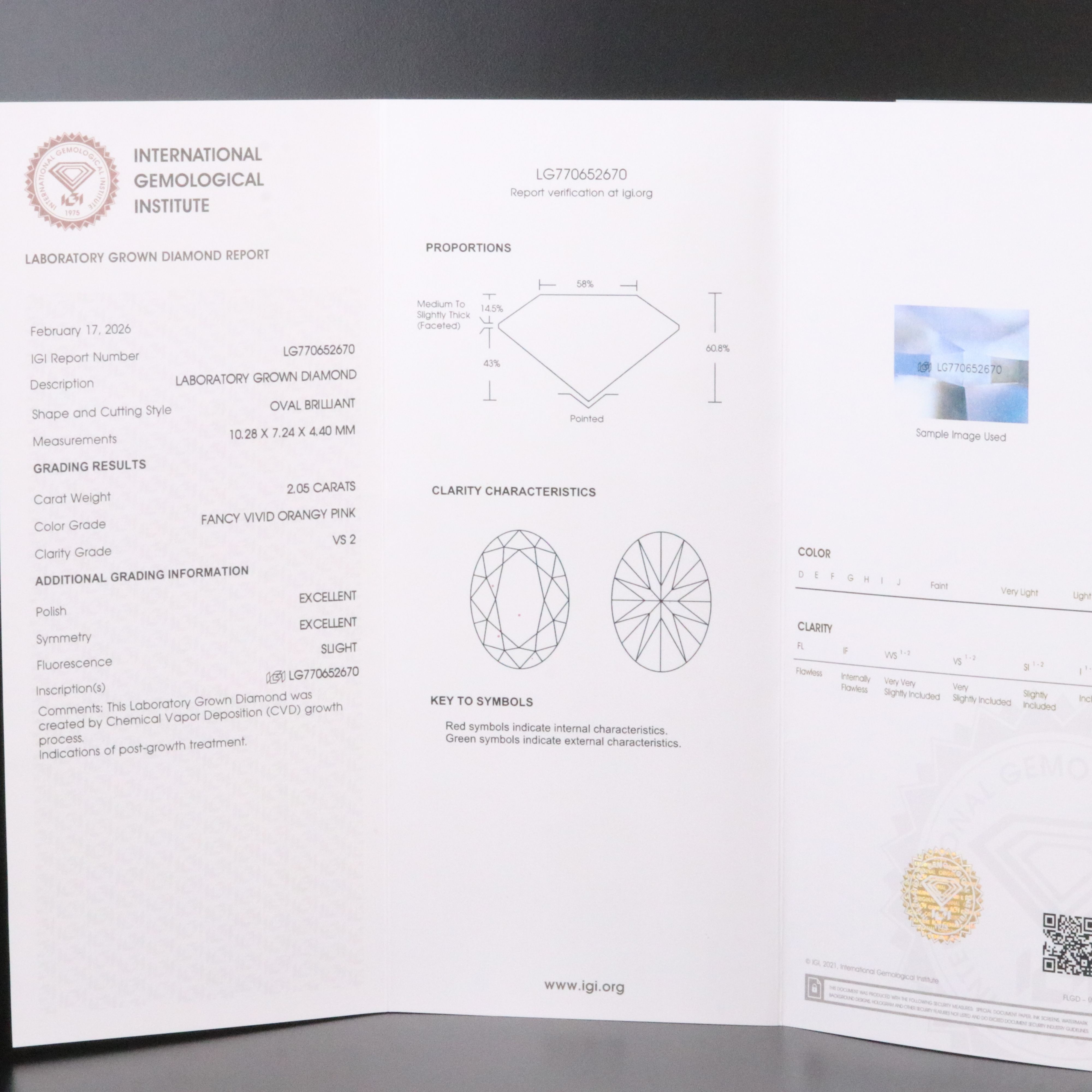 Loose 2.05 CT Lab Grown Diamond Fancy Vivid Orangy Pink Diamond with IGI Report