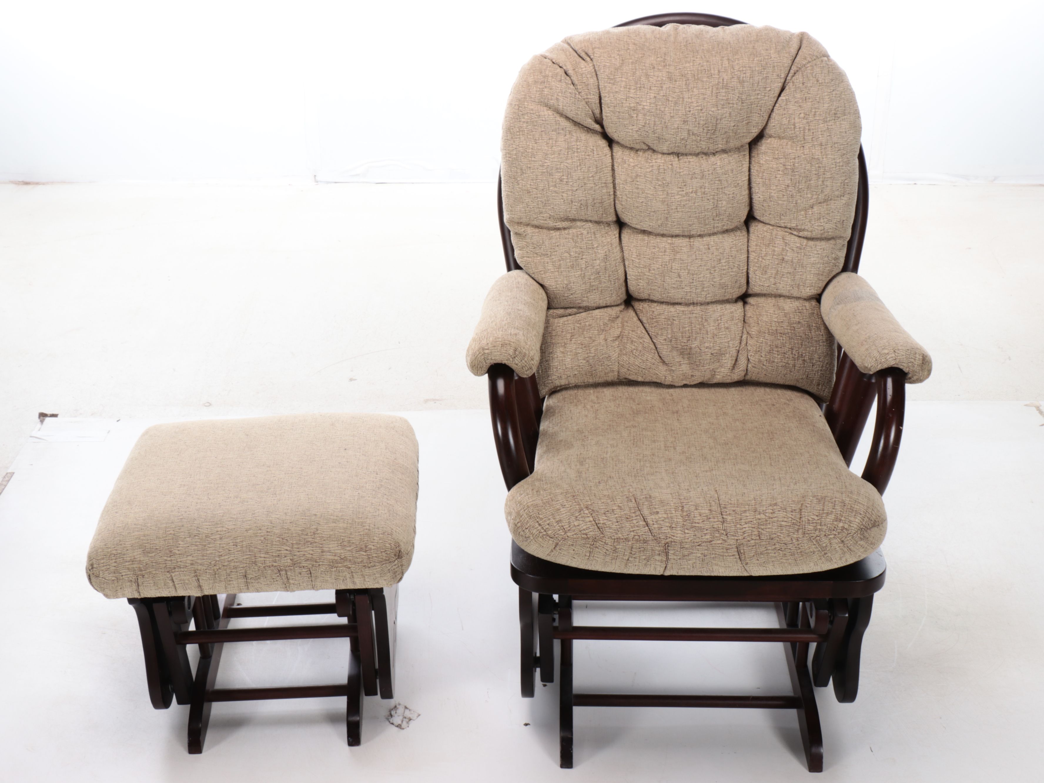 Mahogany Finish Rocking Chair and Ottoman with Green Cushions