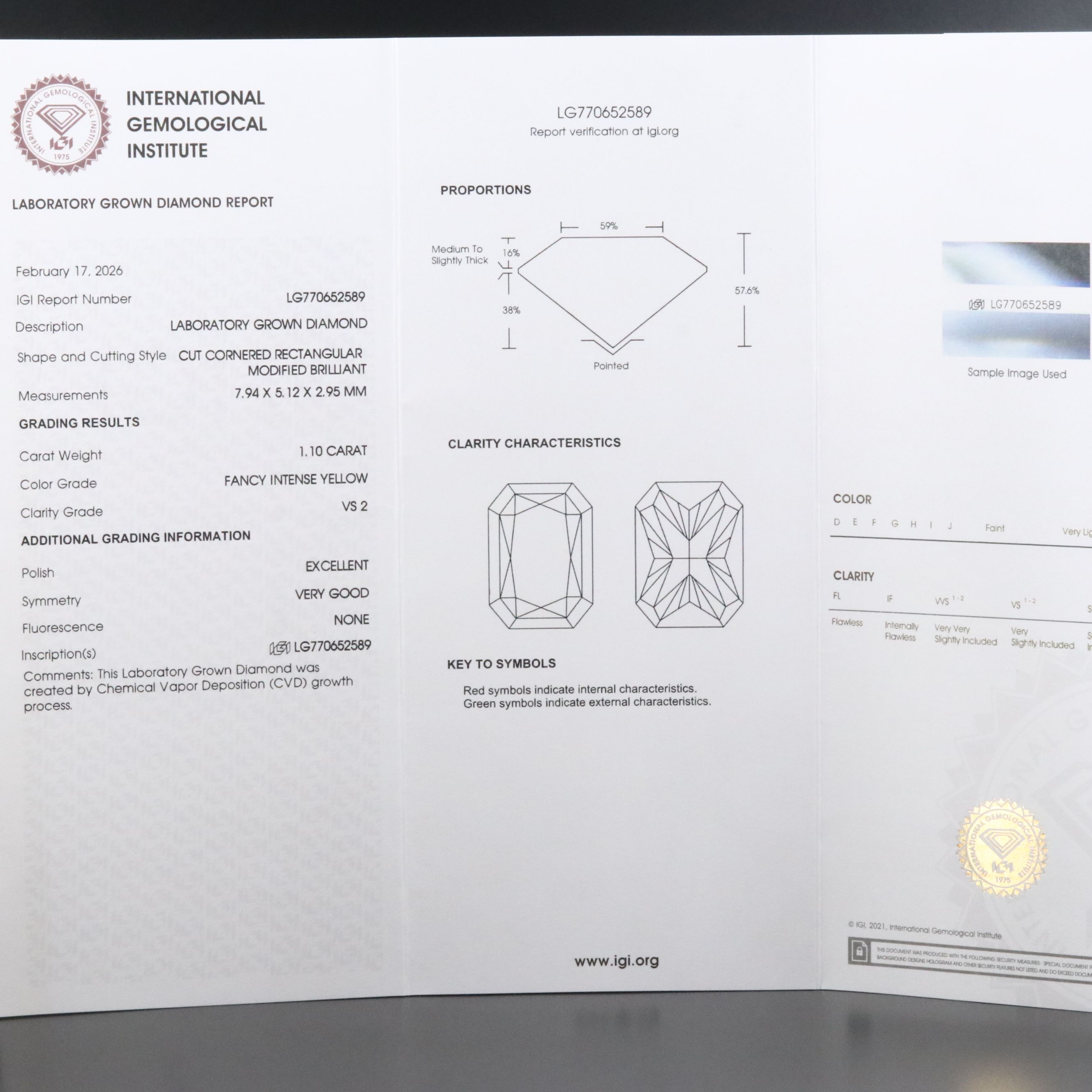 Loose 1.10 CT Lab Grown Fancy Intense Yellow Diamond with IGI Report