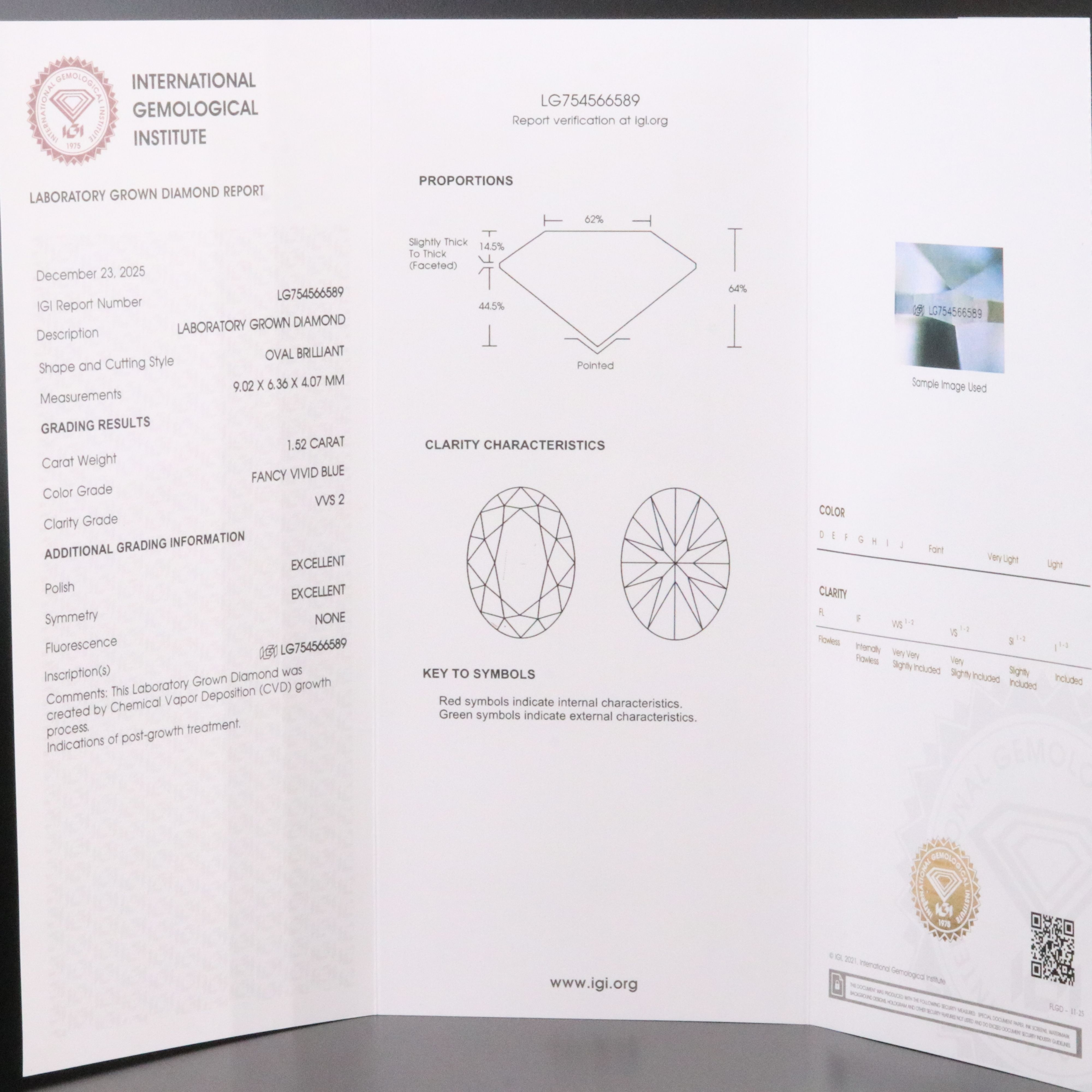 Loose 1.52 CT Lab Grown Fancy Vivid Blue Diamond with IGI Report