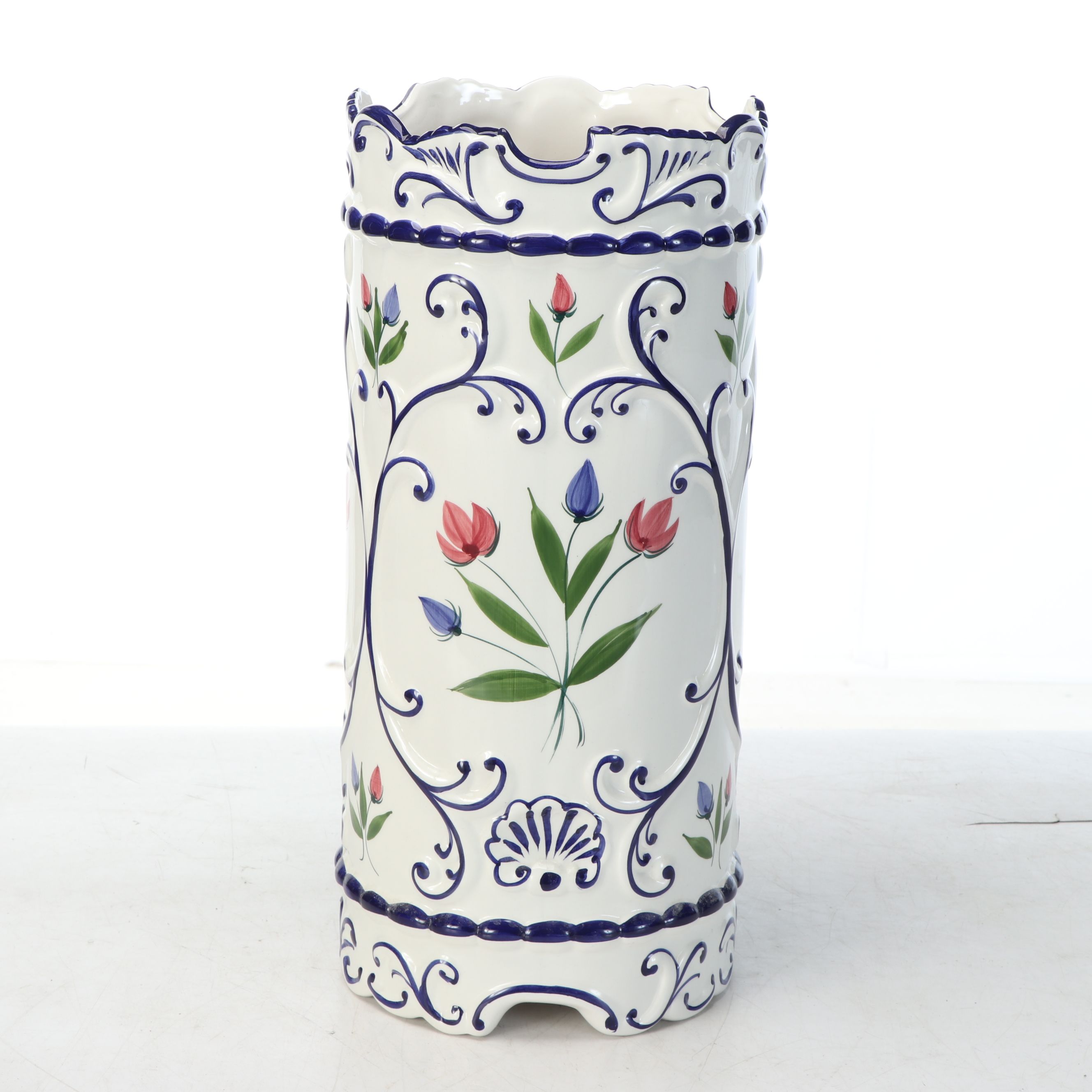 Portuguese Hand-Painted Floral Ceramic Umbrella Stand