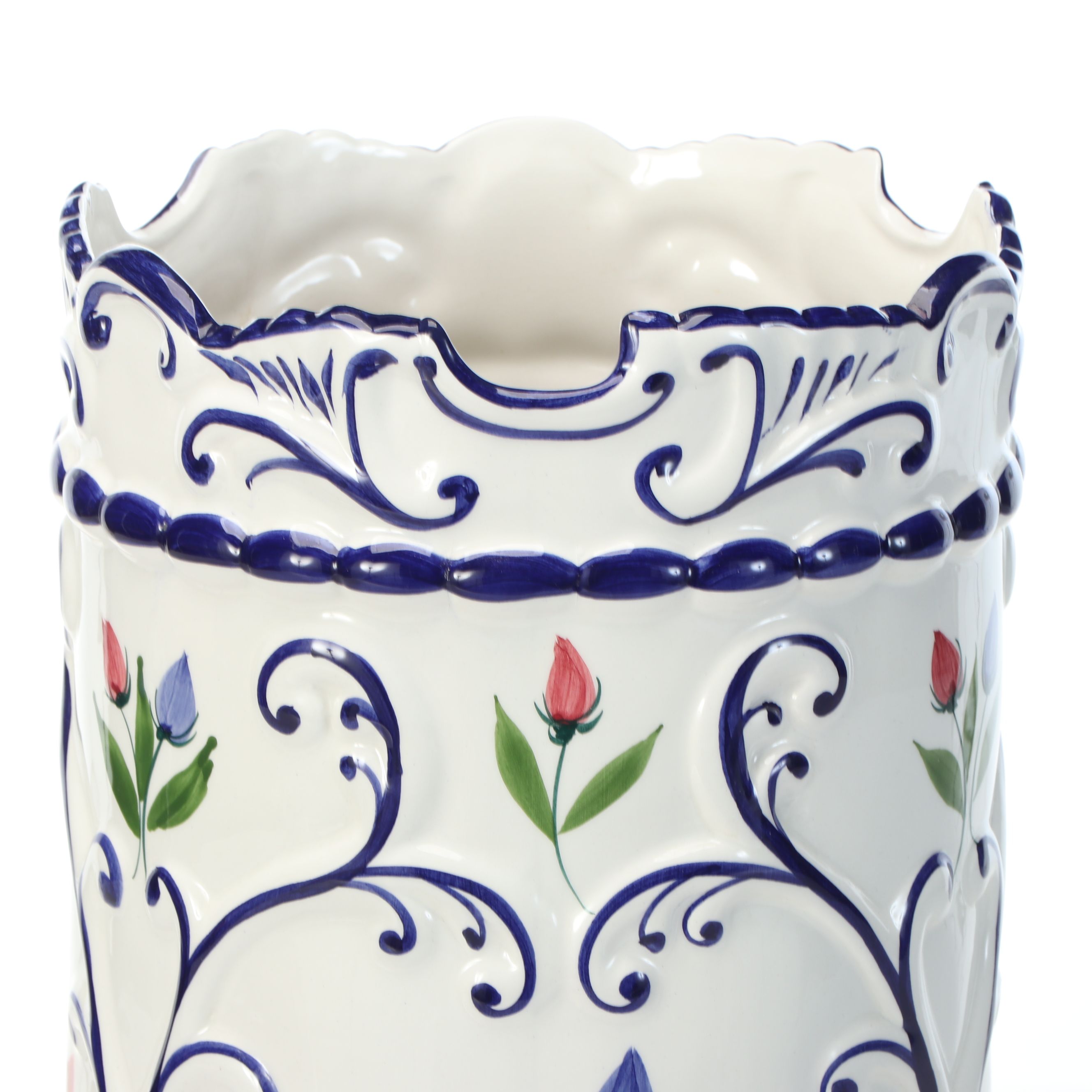 Portuguese Hand-Painted Floral Ceramic Umbrella Stand